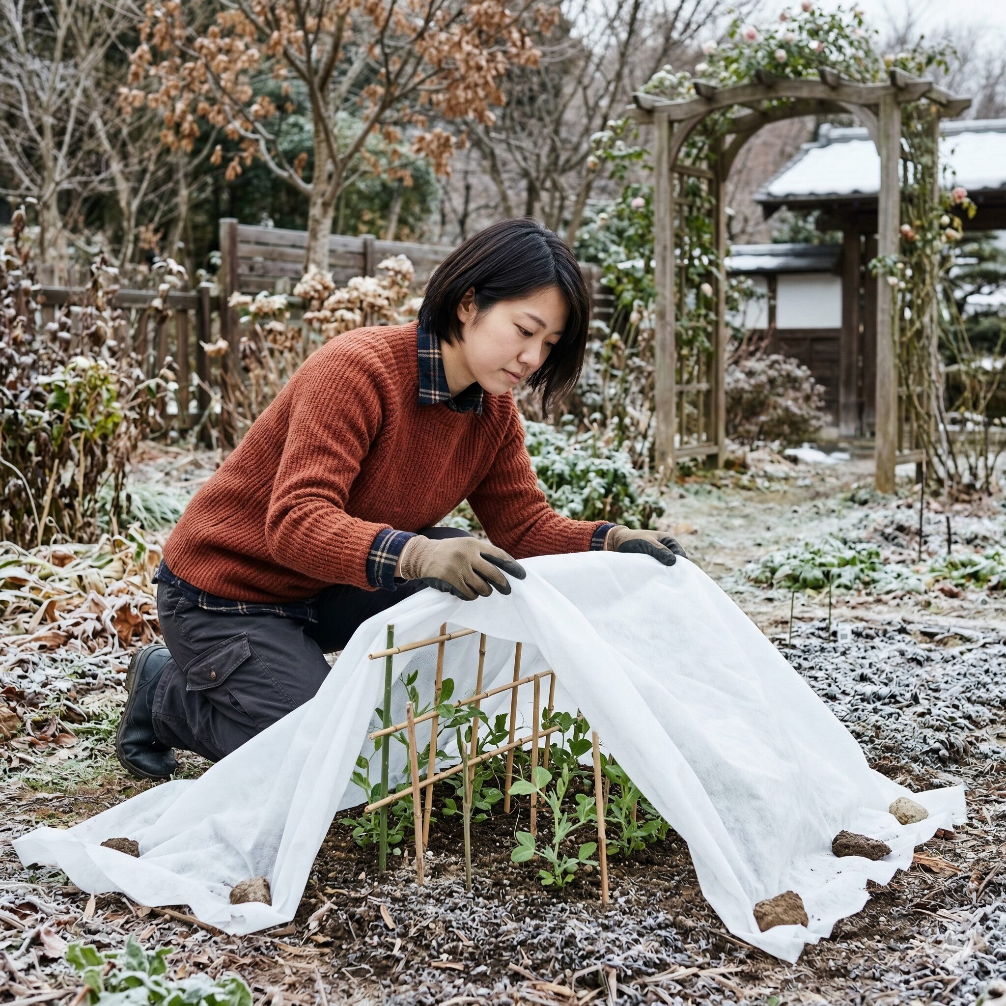 スイートピー 摘心9 冬の霜からスイートピーの苗を守るため、不織布を被せる執筆者
