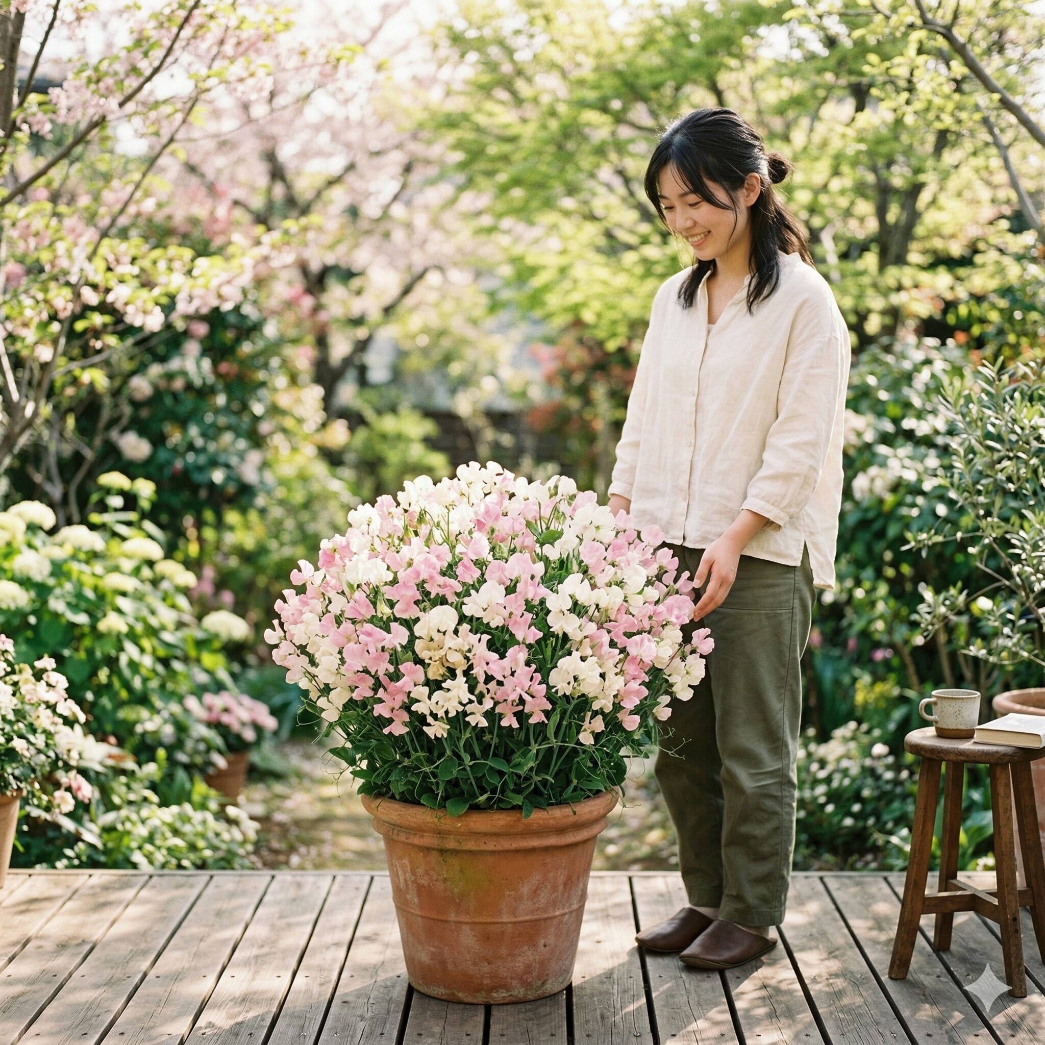 スイートピー 支柱なし1　支柱なしで鉢植えに自立して咲くパステルカラーの矮性スイートピー
