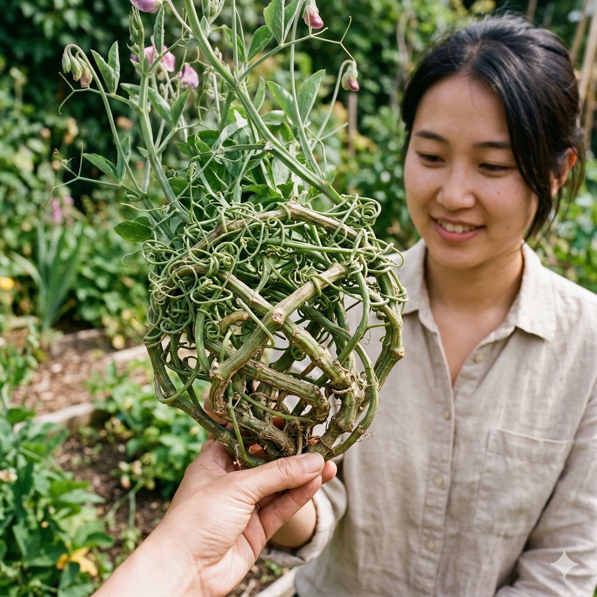 スイートピー 支柱なし2 矮性スイートピーの太い茎と巻きひげが絡み合って自立する構造のアップ