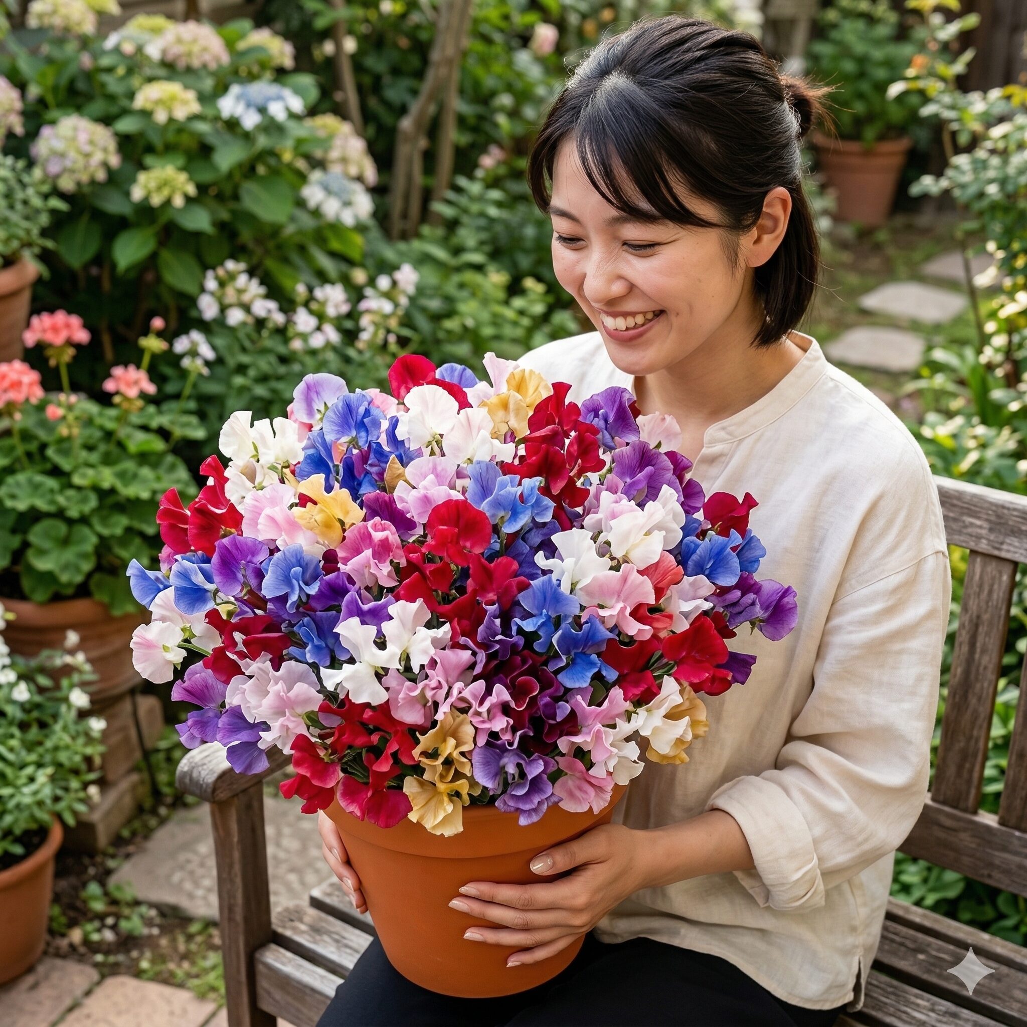 スイートピー 支柱なし3 花密度が高く宝石のように美しく咲くビジョー系スイートピーの鉢植え