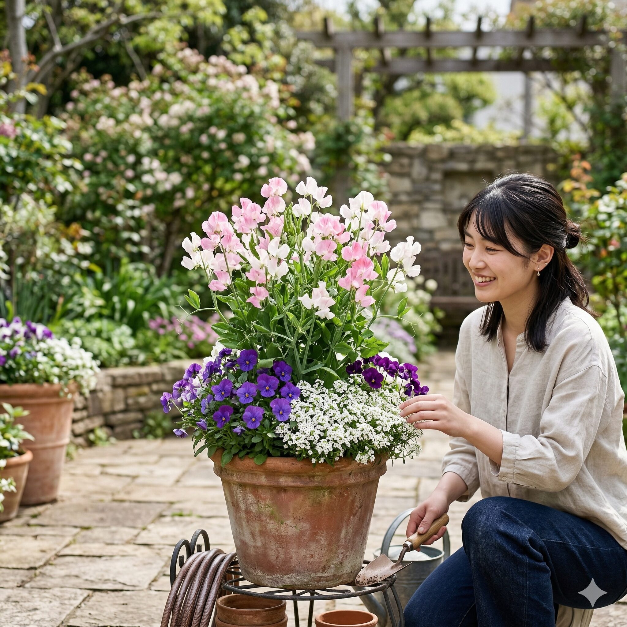 スイートピー 支柱なし4 パティオ系スイートピーを中段に配置した春の花の寄せ植えコンテナ