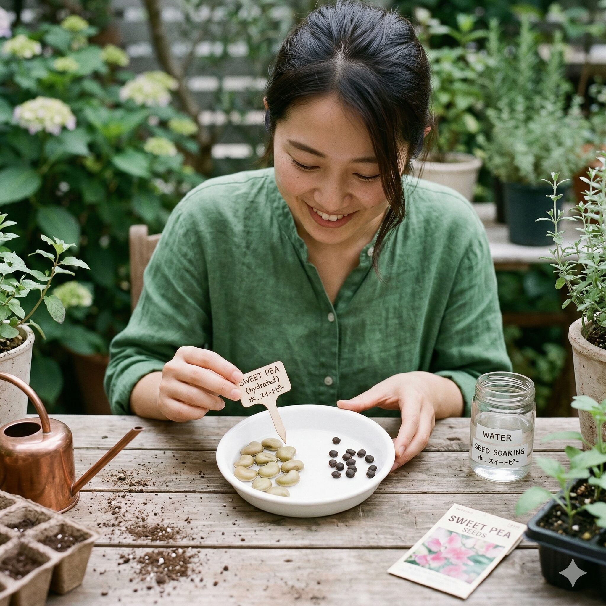 スイートピー 支柱なし5 スイートピーの種を吸水処理して大きく膨らんだ状態と比較