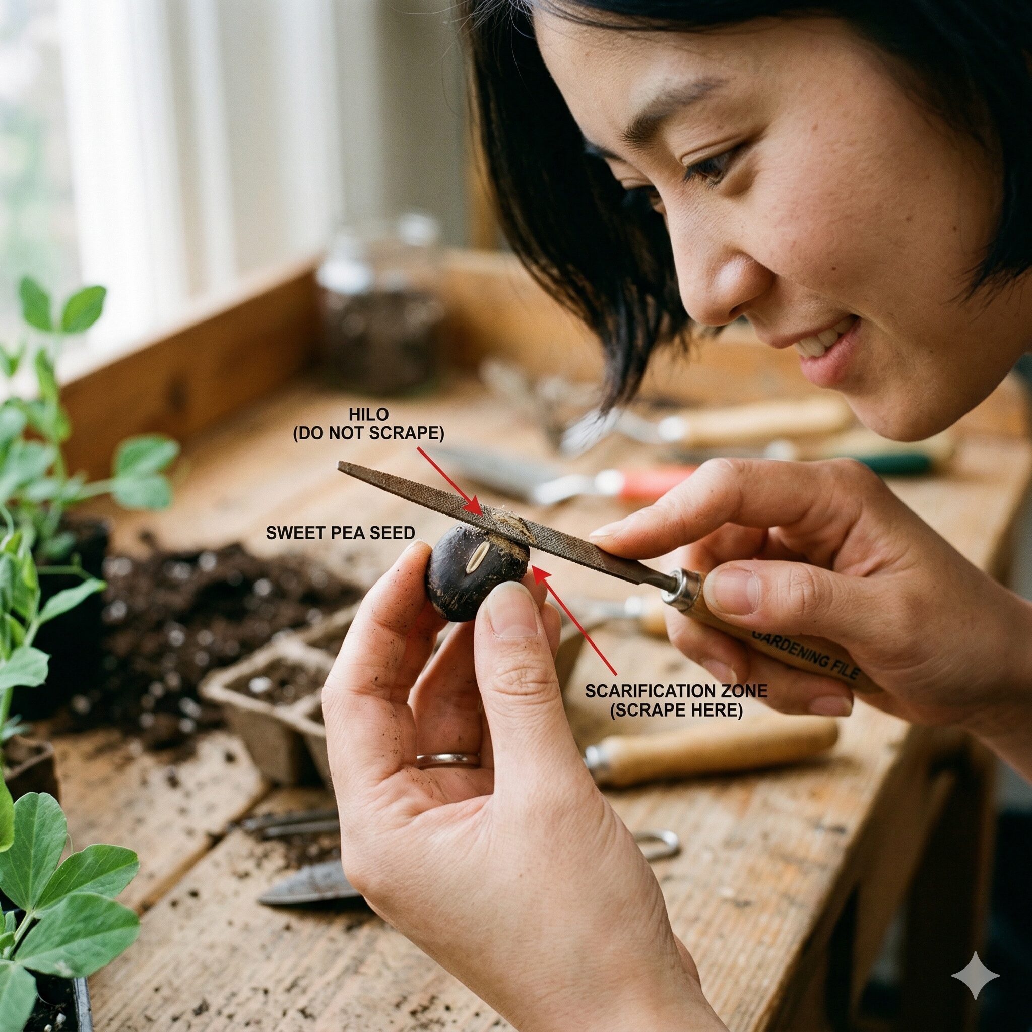 スイートピー 支柱なし6 スイートピーの硬実種子をヤスリで削って吸水を促す傷処理の様子