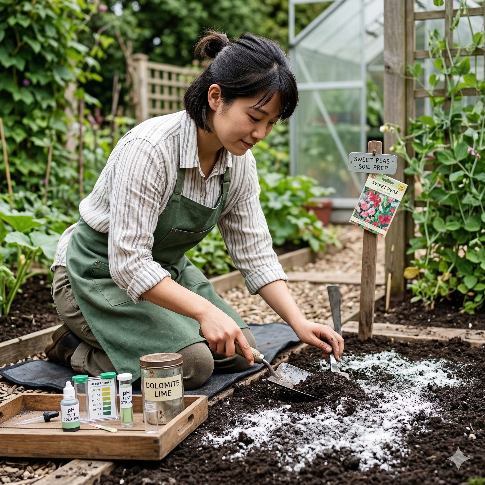 スイートピー 支柱なし8 苦土石灰を混ぜてスイートピーに適した弱アルカリ性の土壌を作る作業