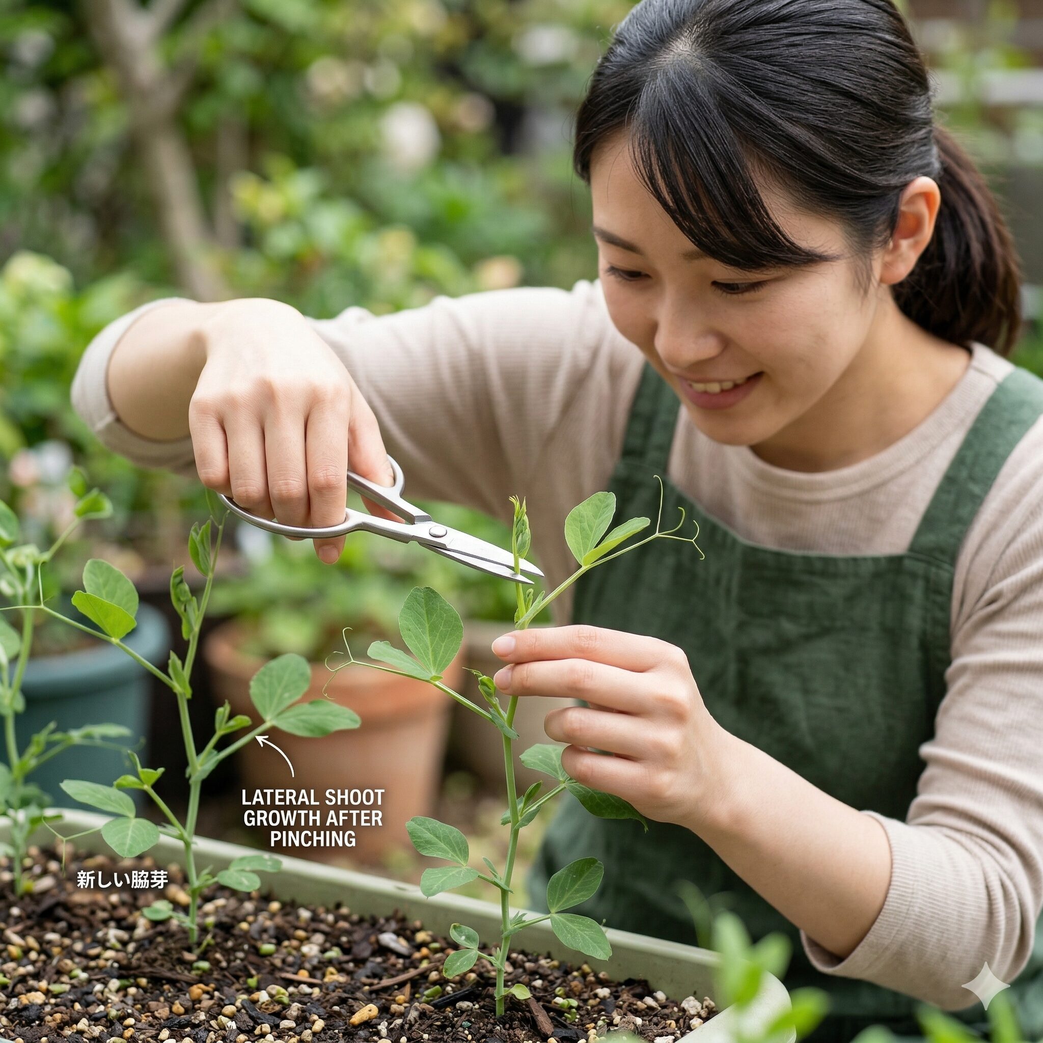 スイートピー 支柱なし9 スイートピーの株を低重心にして自立させるための摘心(ピンチ)作業