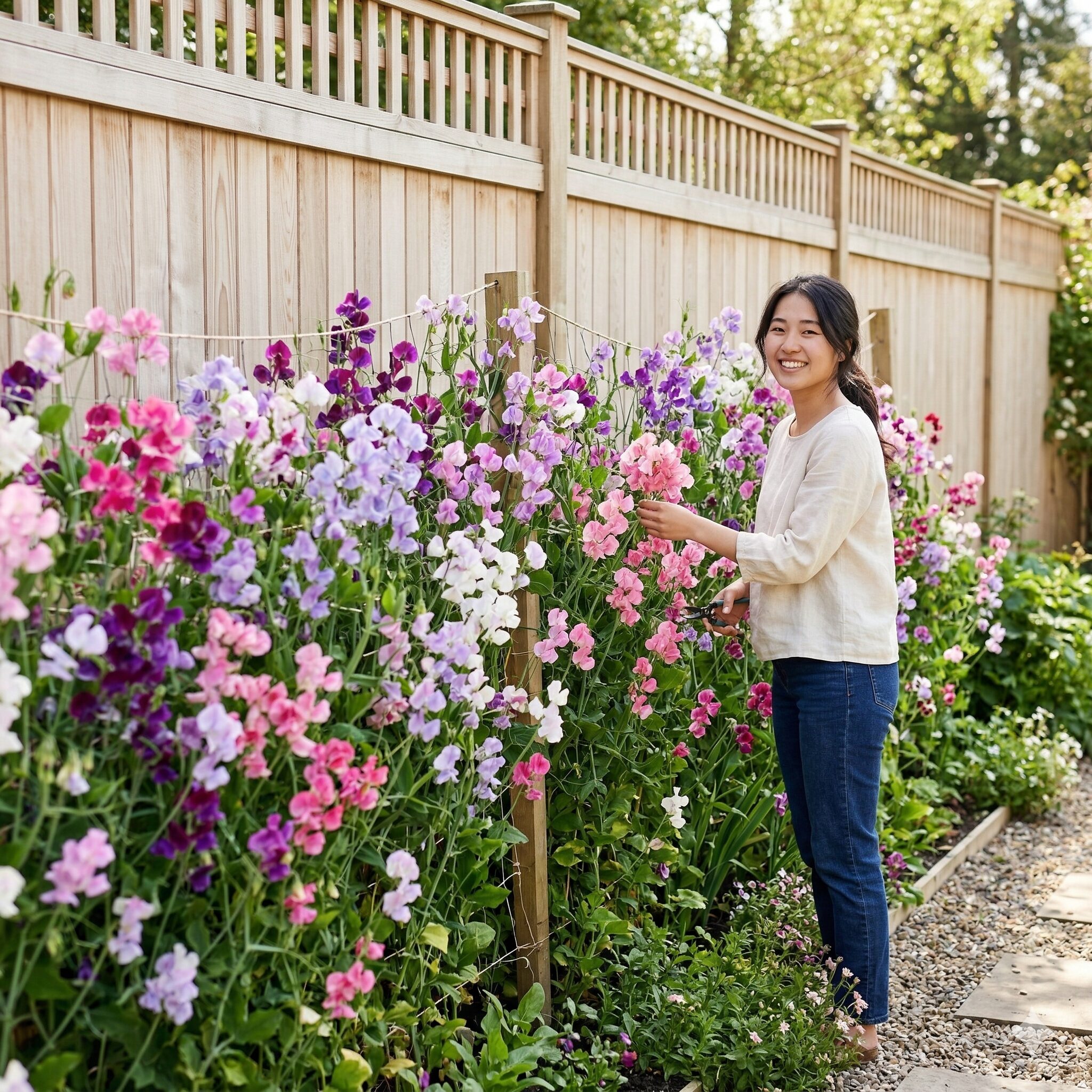 スイートピー 支柱の立て方1　ネットに沿って満開に咲く色とりどりのスイートピーと整えられた支柱の風景