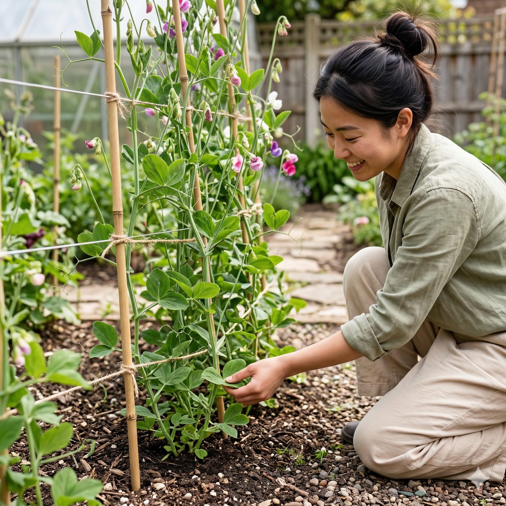 スイートピー 支柱の立て方10　風通しを良くして灰色かび病を予防するスイートピーの株元の管理状態