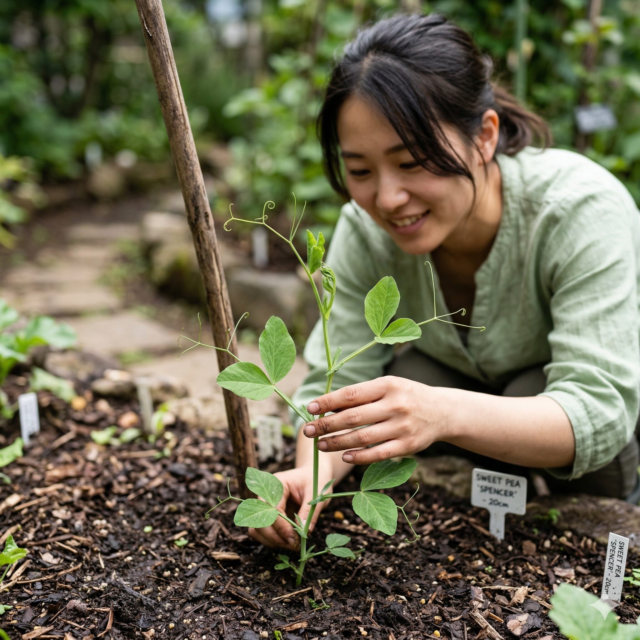 スイートピー 支柱の立て方2　支柱を立てるタイミングの目安となる草丈20cm程度のスイートピーの若い苗と巻きひげ