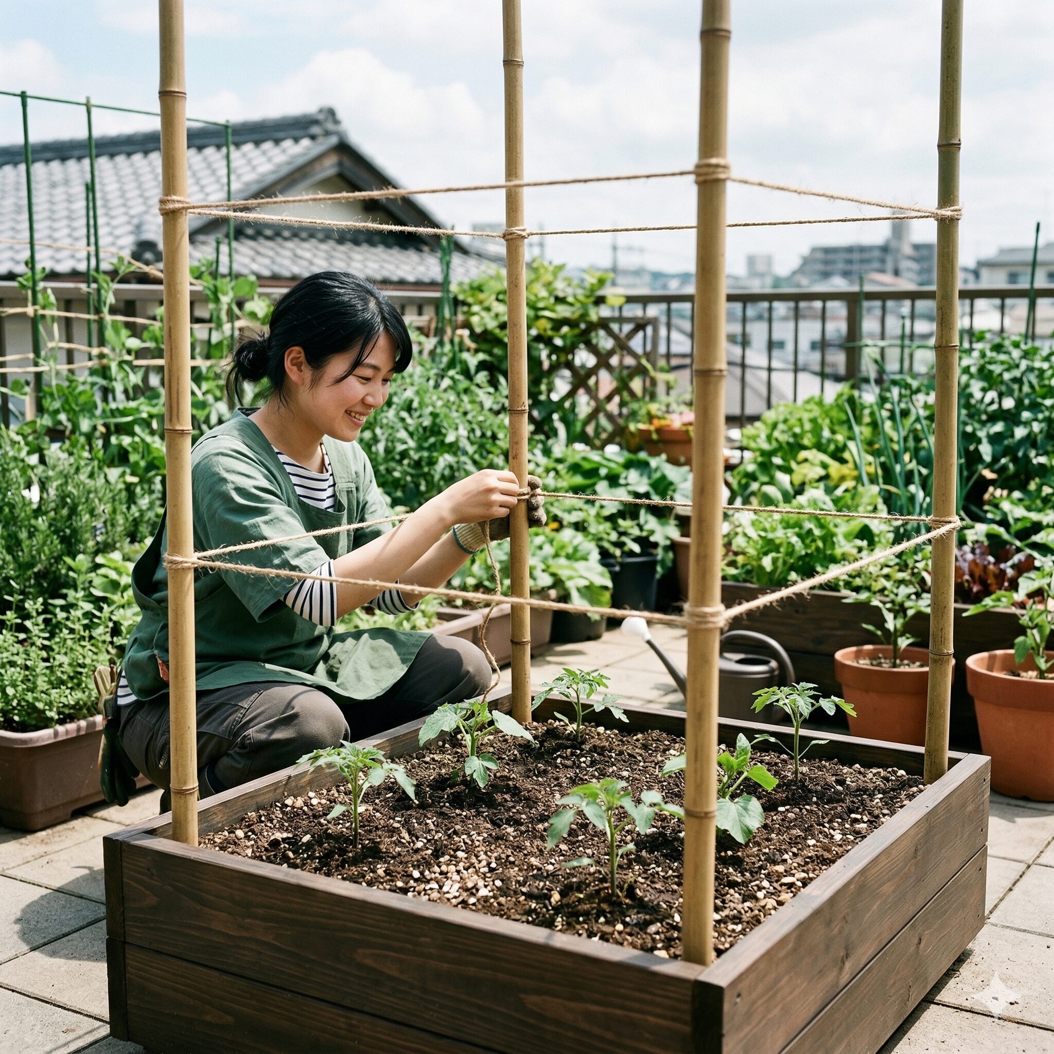 スイートピー 支柱の立て方3　プランターの四隅に支柱を立てて紐で連結した安定感のある立体構造の作り方