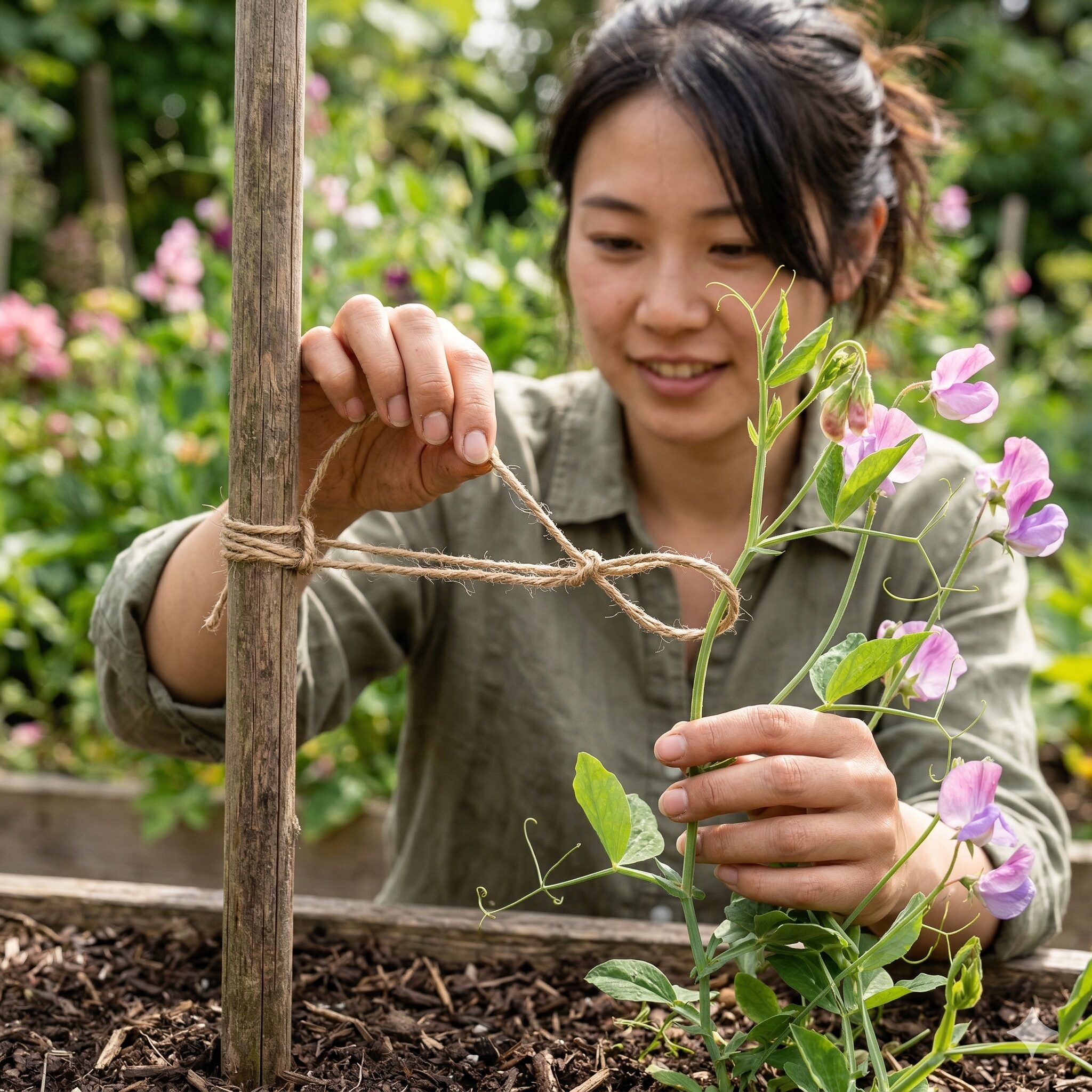 スイートピー 支柱の立て方8　スイートピーの茎を優しく固定する麻紐の「8の字結び」による誘引方法