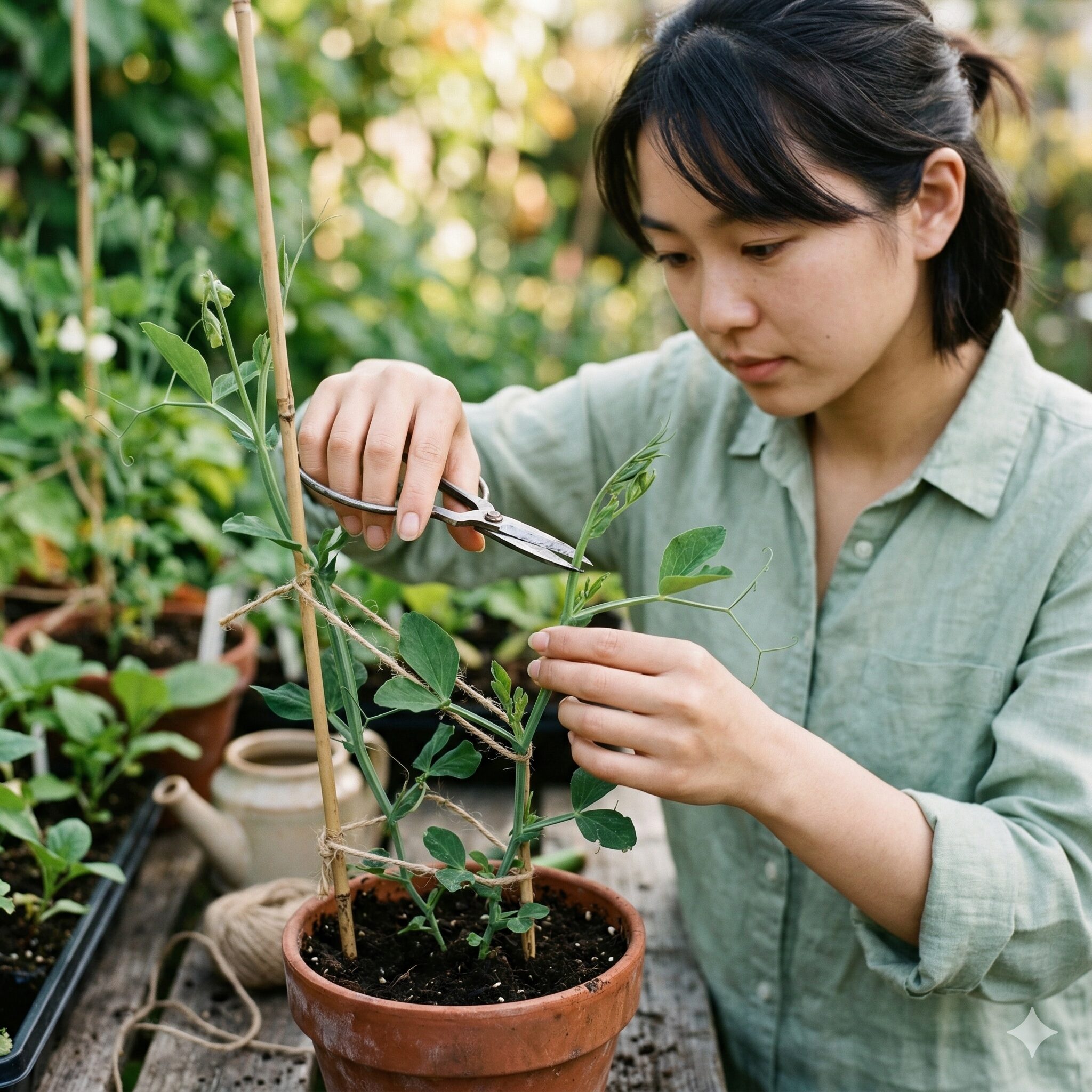 スイートピー 支柱の立て方9　スイートピーの花数を増やすために苗の先端をカットする摘心作業の様子