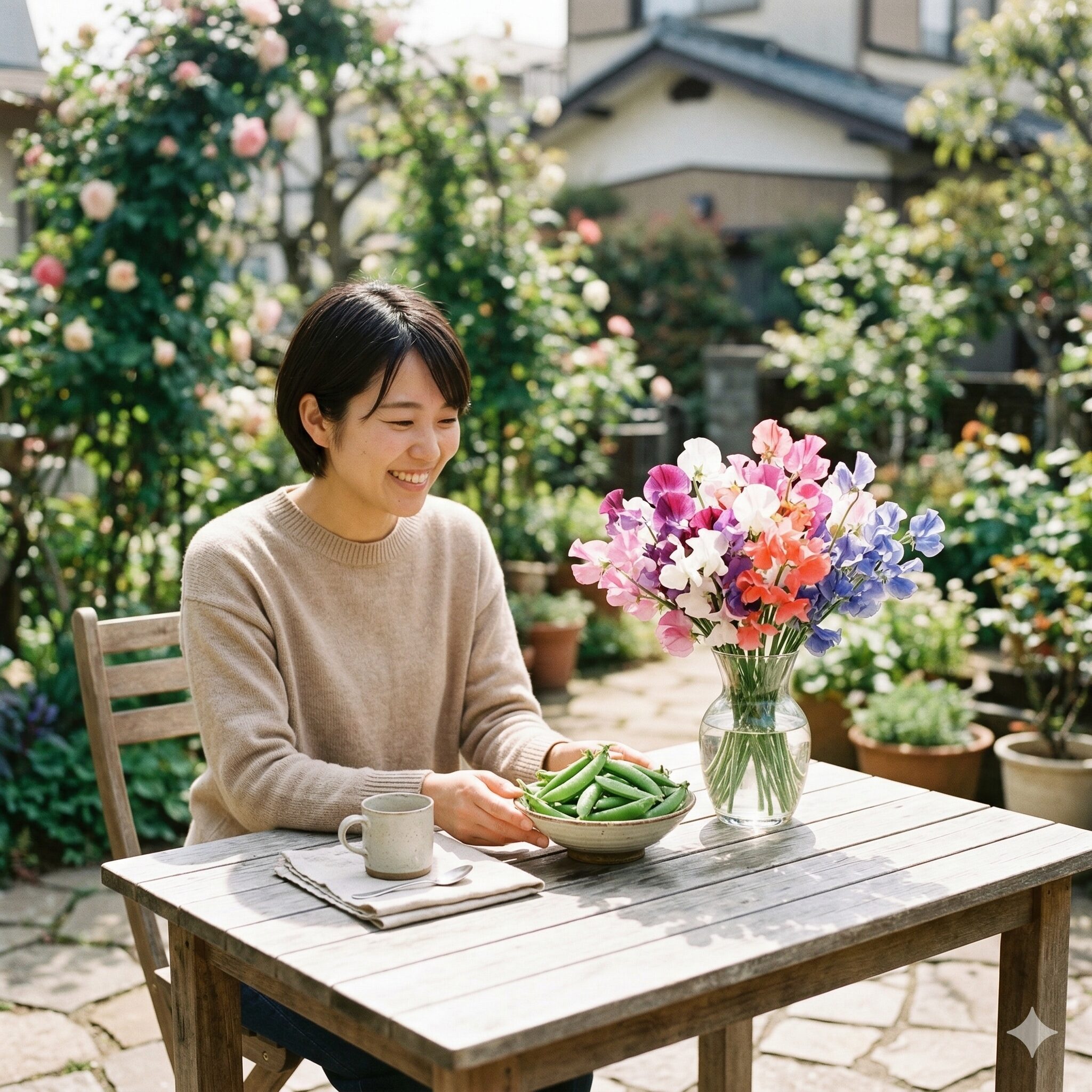 スイートピーに似た花1　観賞用の色鮮やかなスイートピーと、食用の緑色のサヤエンドウの比較イメージ。