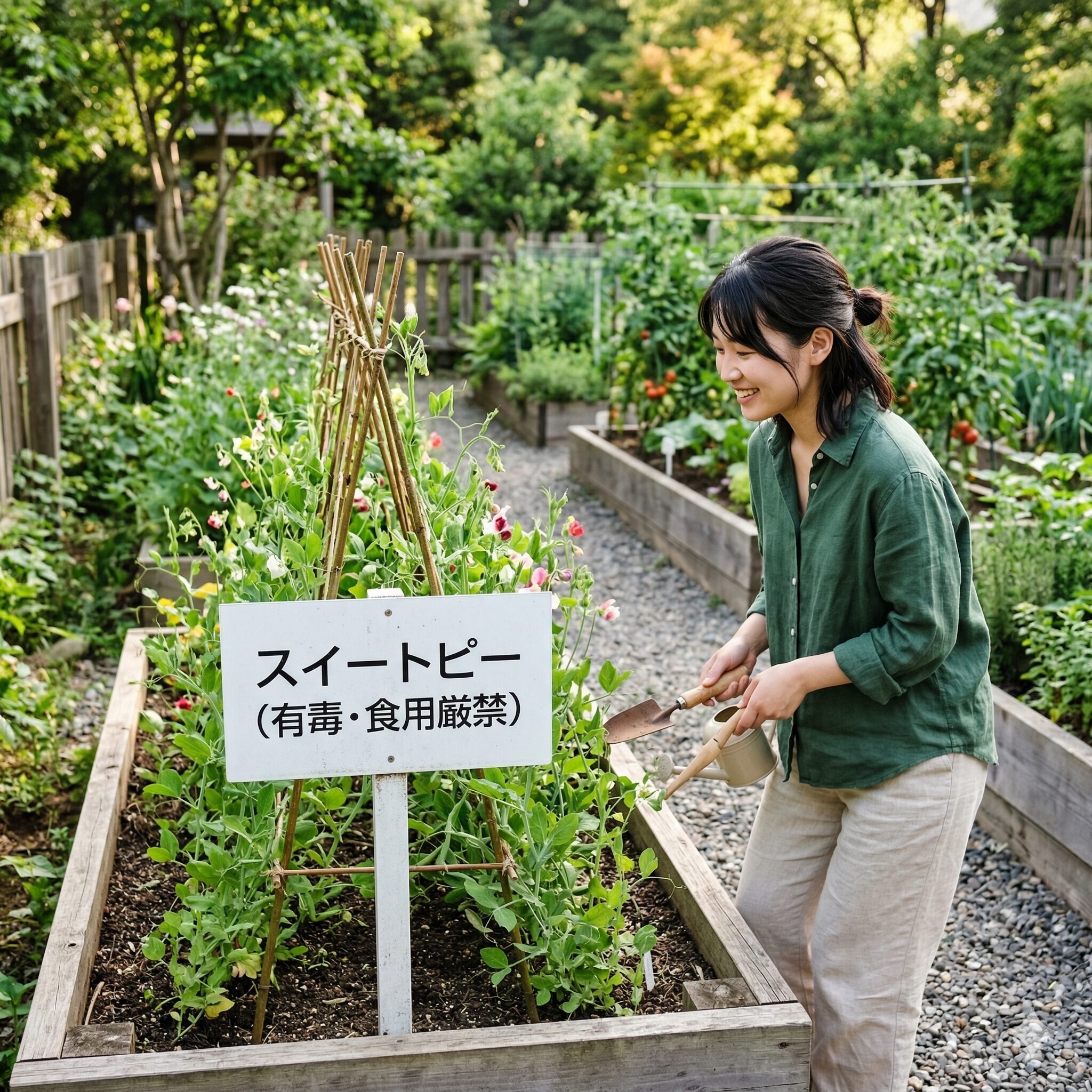 スイートピーに似た花10 誤食を防ぐために「食用厳禁」のラベルで管理された庭のスイートピー。