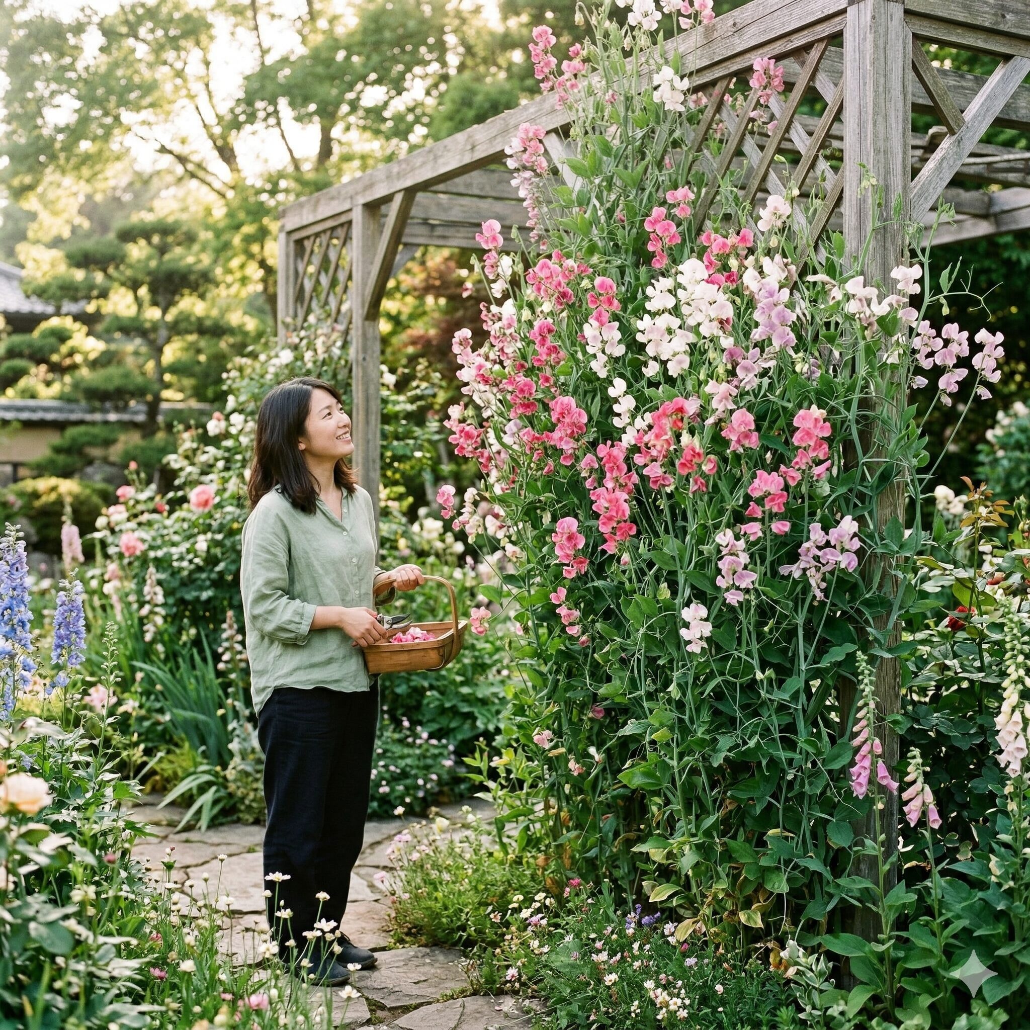 スイートピーに似た花3 庭のトレリスに美しく咲き誇る、多年生の宿根スイートピー。