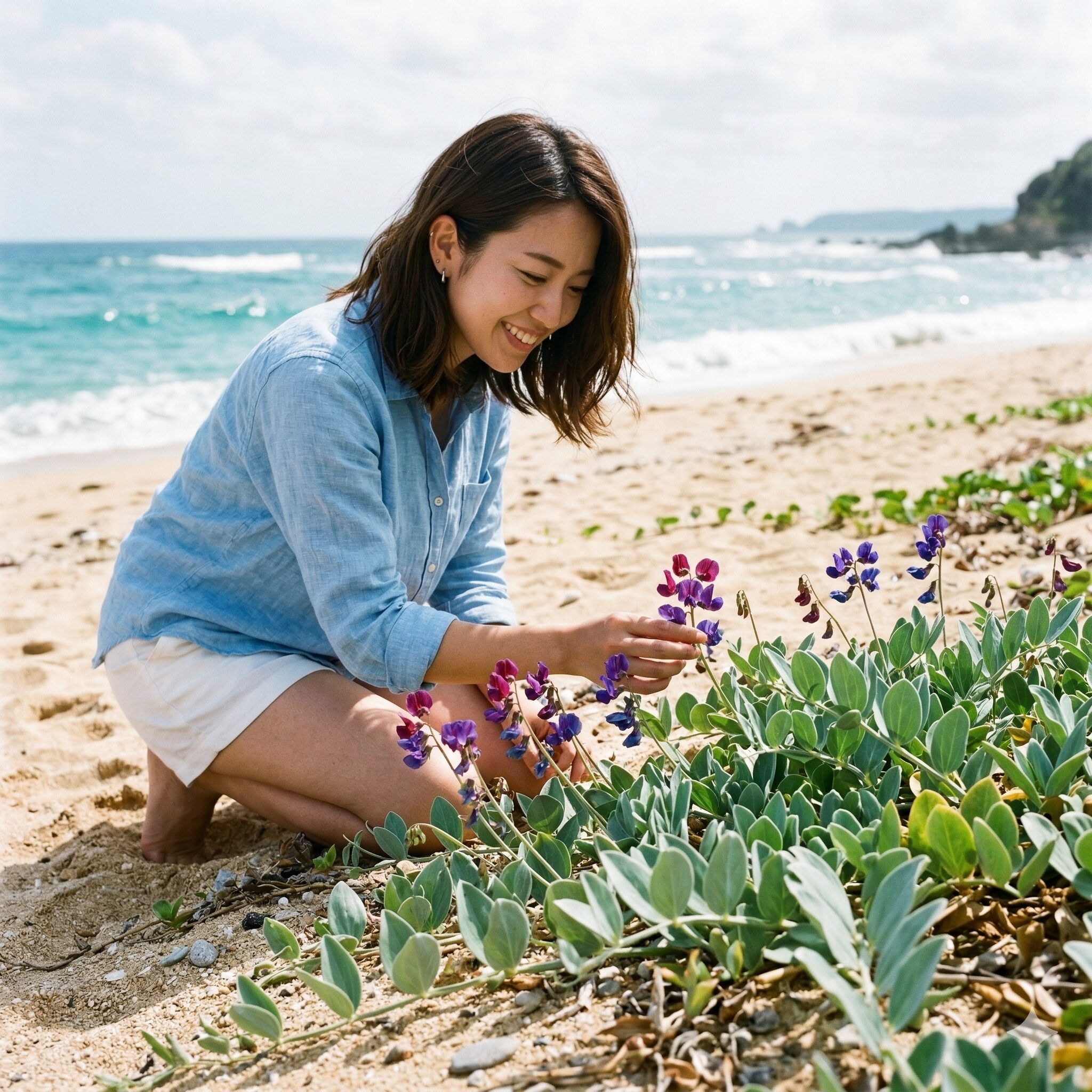 スイートピーに似た花4 青い海を背景にした砂浜に、地を這うように広がるハマエンドウ。特有の厚みがある粉白色(青緑色)の葉と、赤紫から青紫へと変化するグラデーションの美しい花の接写。
