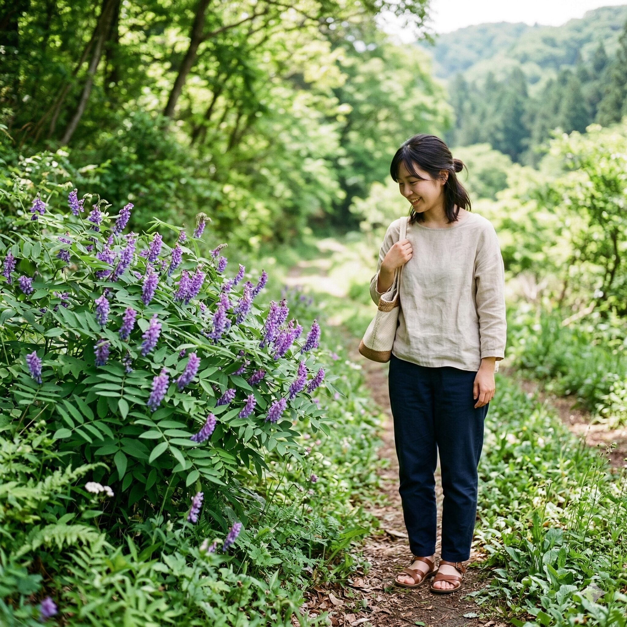 スイートピーに似た花5 里山の自然の中に咲く、ナンテンハギの紫色の花と特徴的な二枚の小葉。