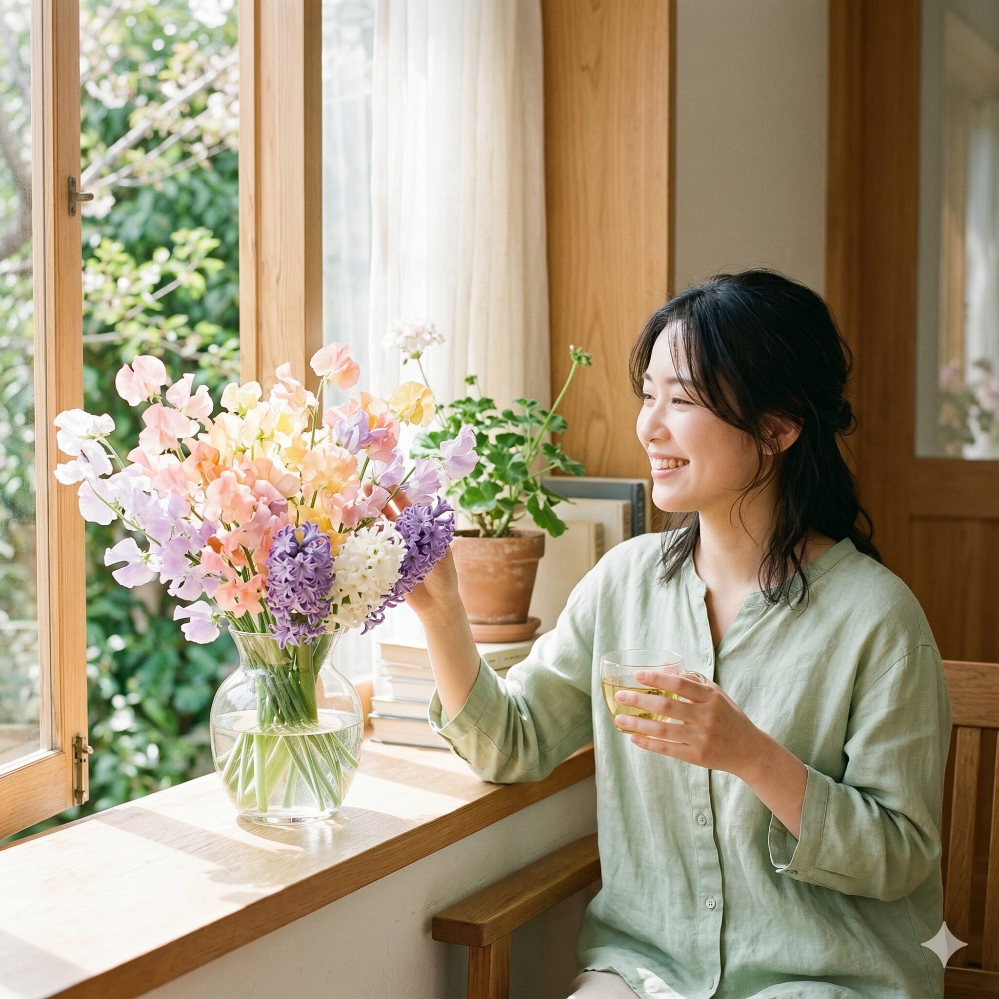 スイートピーに似た花6 春の香りを代表するスイートピーとヒヤシンスの華やかなフラワーアレンジ。