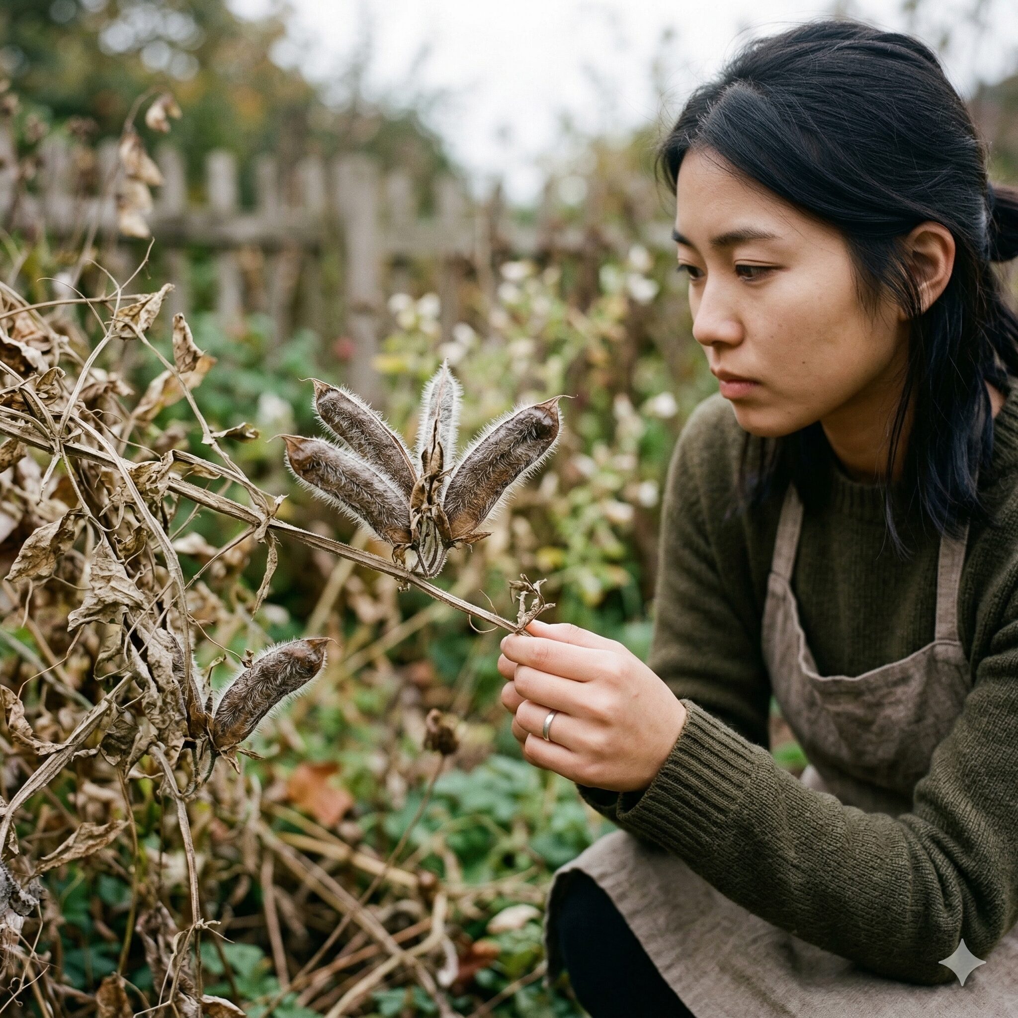 スイートピーに似た花7 細かな毛が生えた、有毒な成分を含む観賞用スイートピーのサヤ。