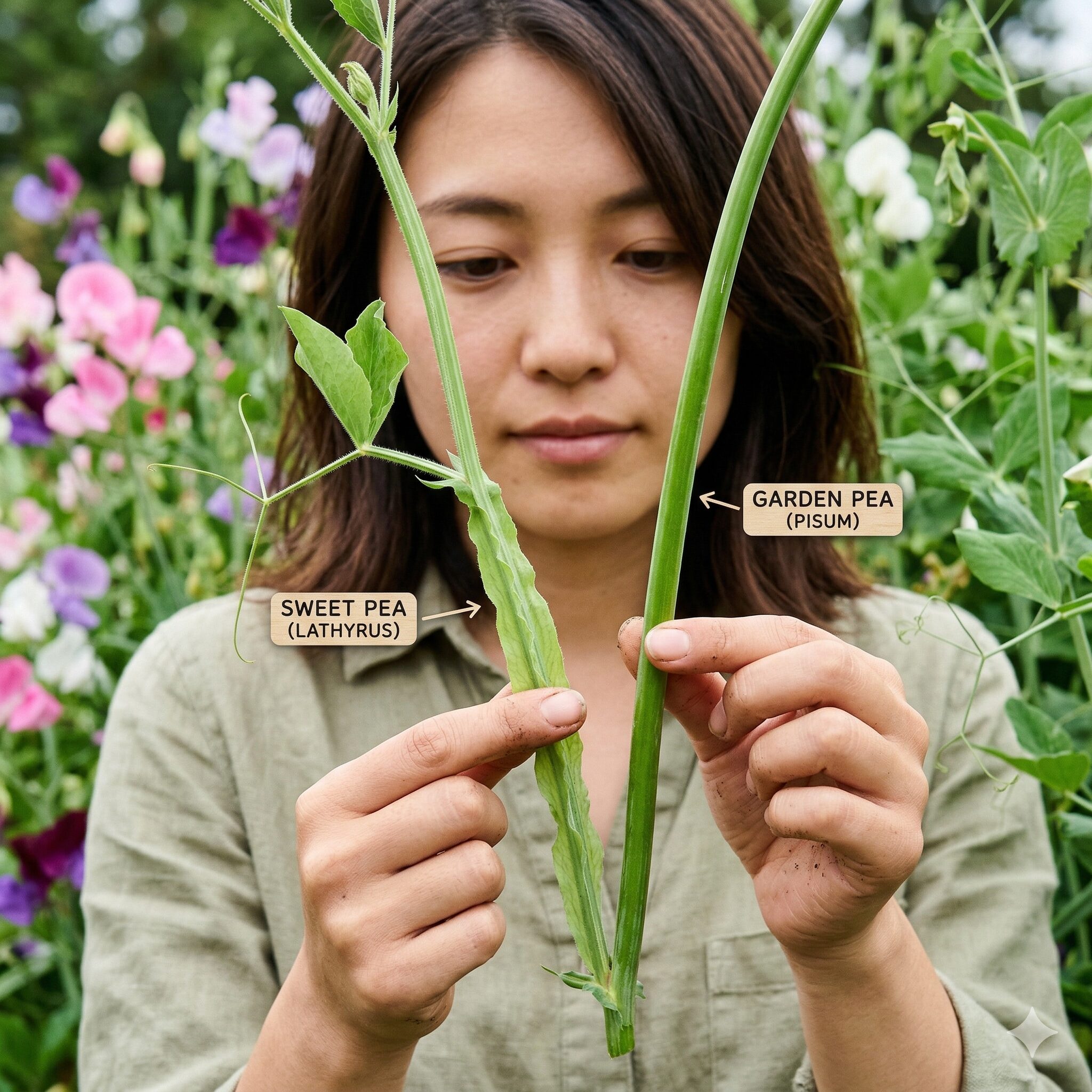スイートピーに似た花8 スイートピーの茎にある翼(ヒダ)と、エンドウの丸い茎の比較。