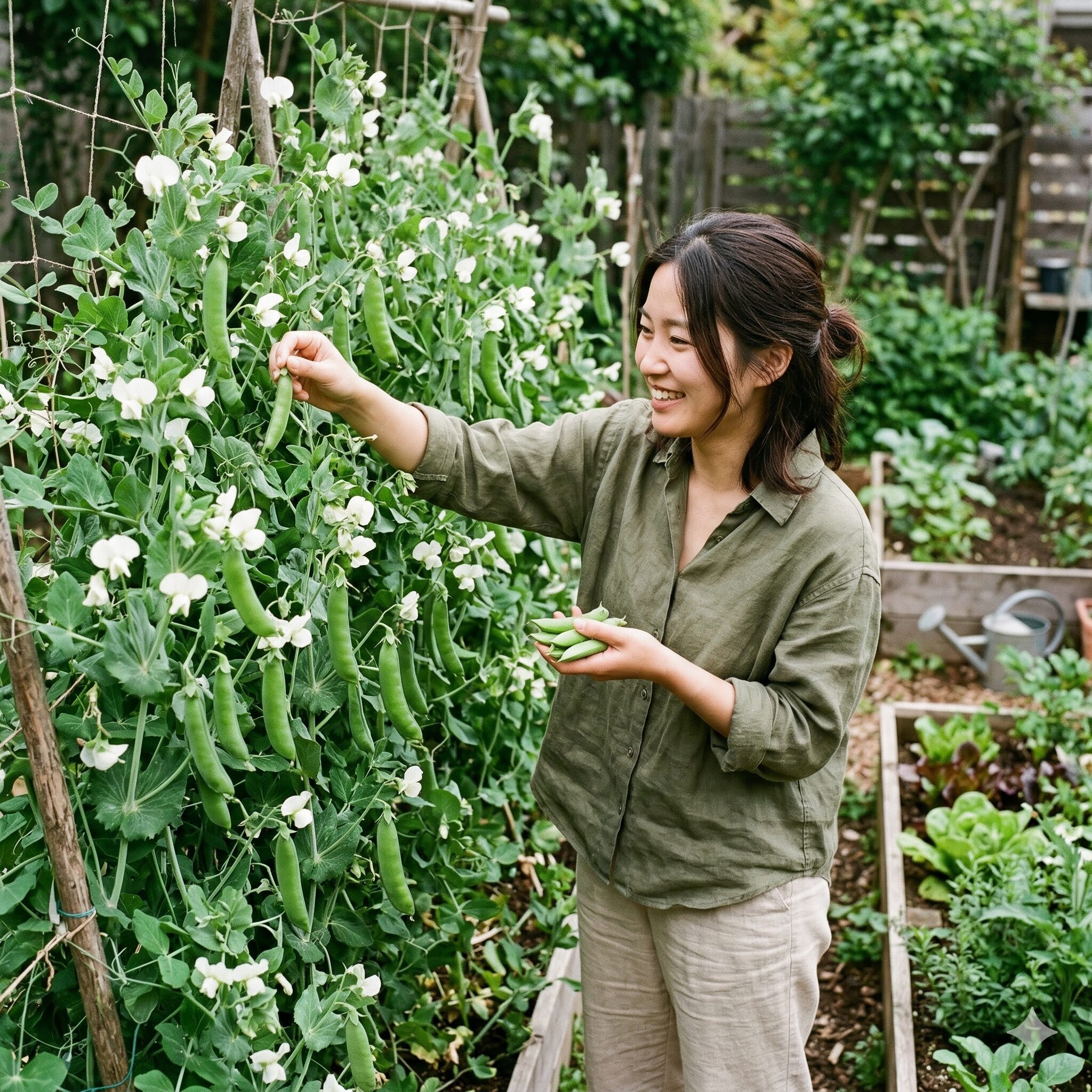 スイートピーに似た花9 家庭菜園で収穫期を迎えた、ツヤのあるスナップエンドウのサヤと白い花。