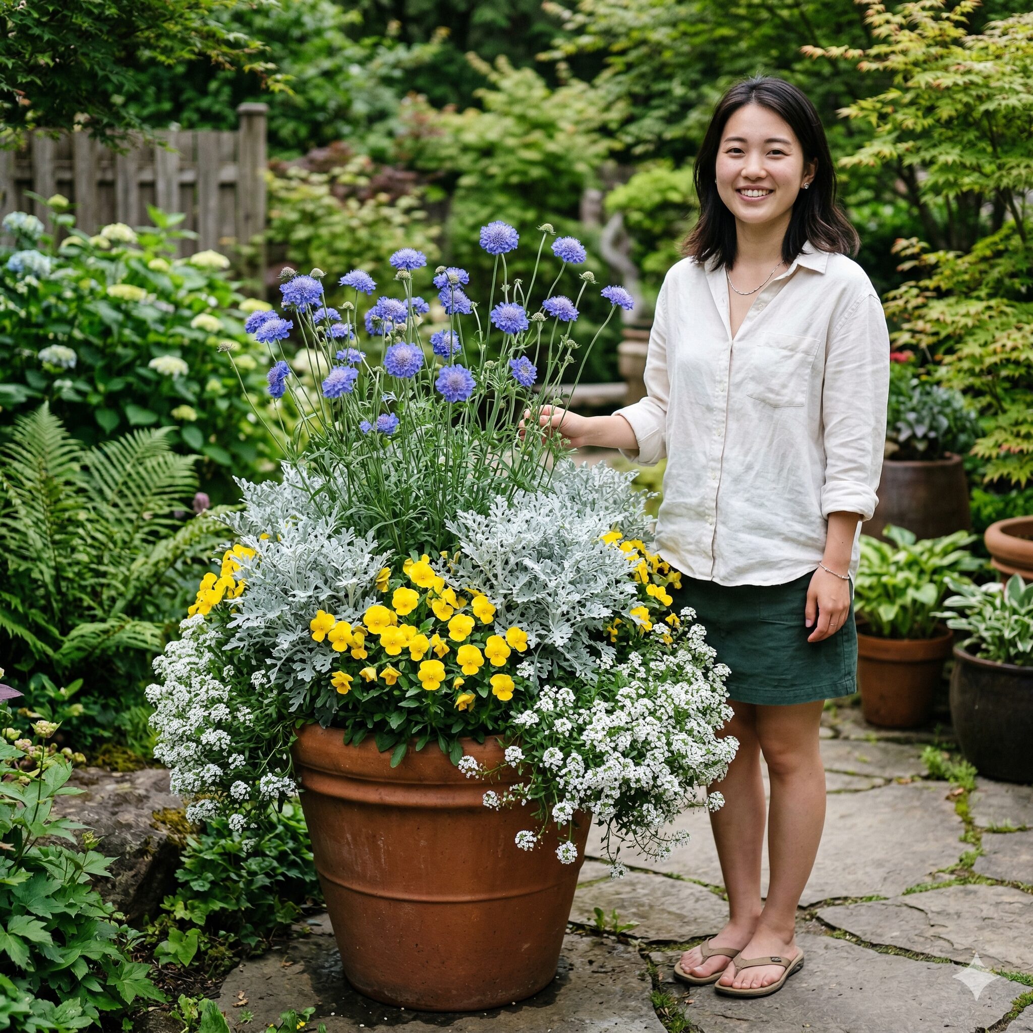 スカビオサ ブルーバルーン10 スカビオサ ブルーバルーンとシルバーリーフ、ビオラを組み合わせた寄せ植え