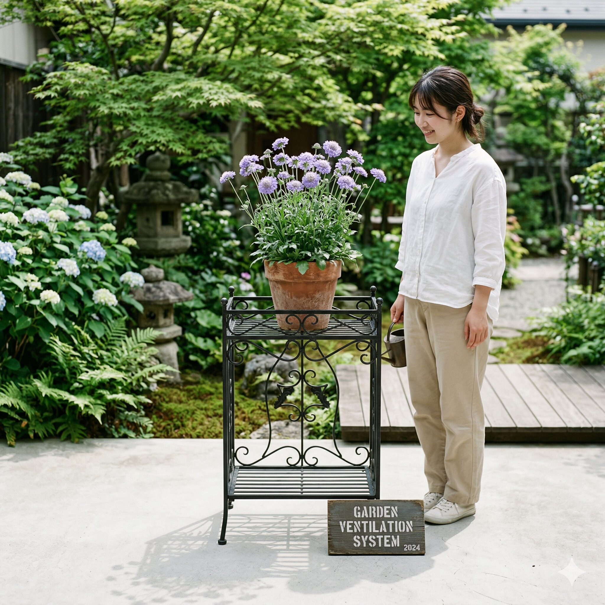 スカビオサ ブルーバルーン5 蒸れを防ぐためにフラワースタンドで高さを出したスカビオサ ブルーバルーンの鉢