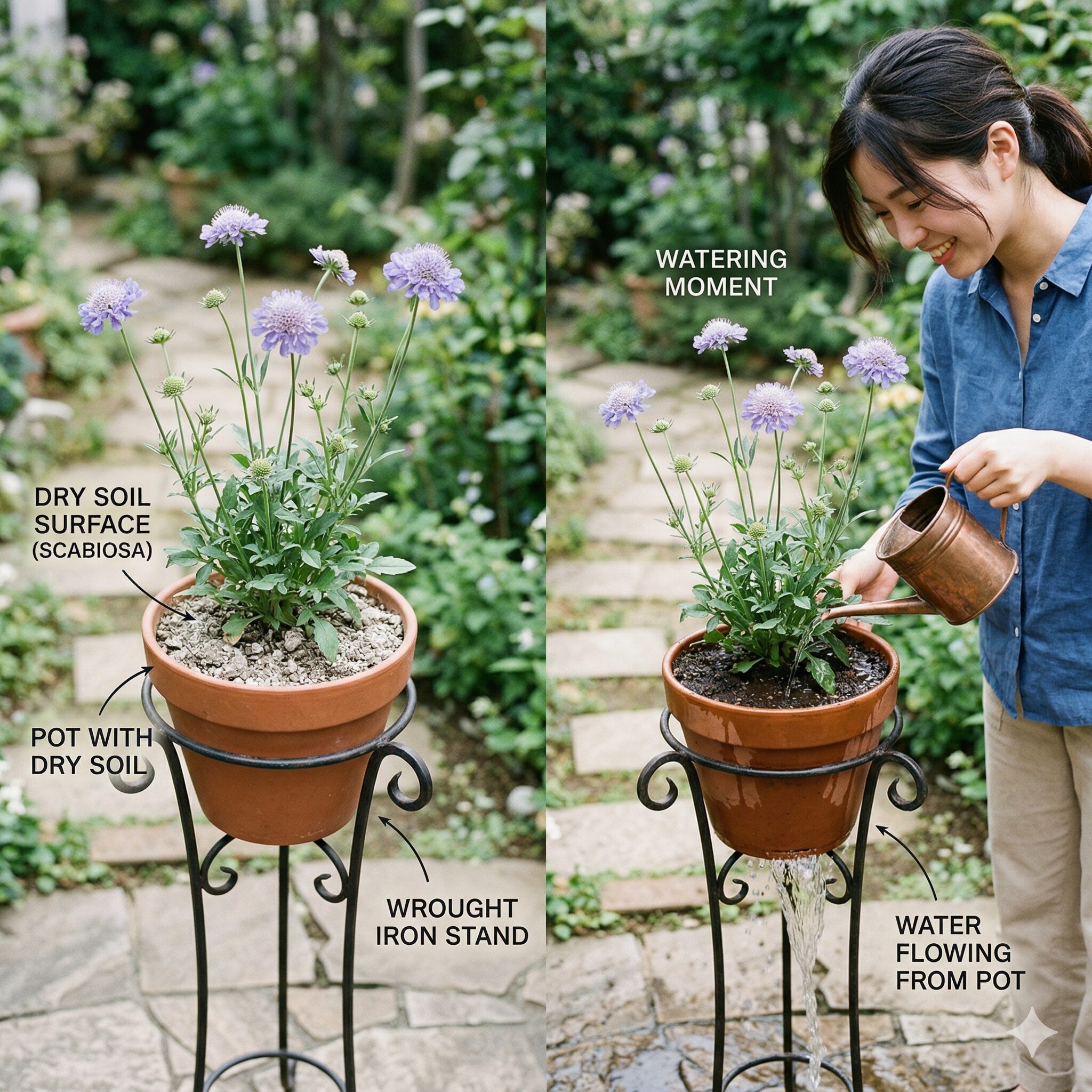 スカビオサ ブルーバルーン6 鉢土が乾いてからたっぷり水を与えるスカビオサ ブルーバルーンの水やり