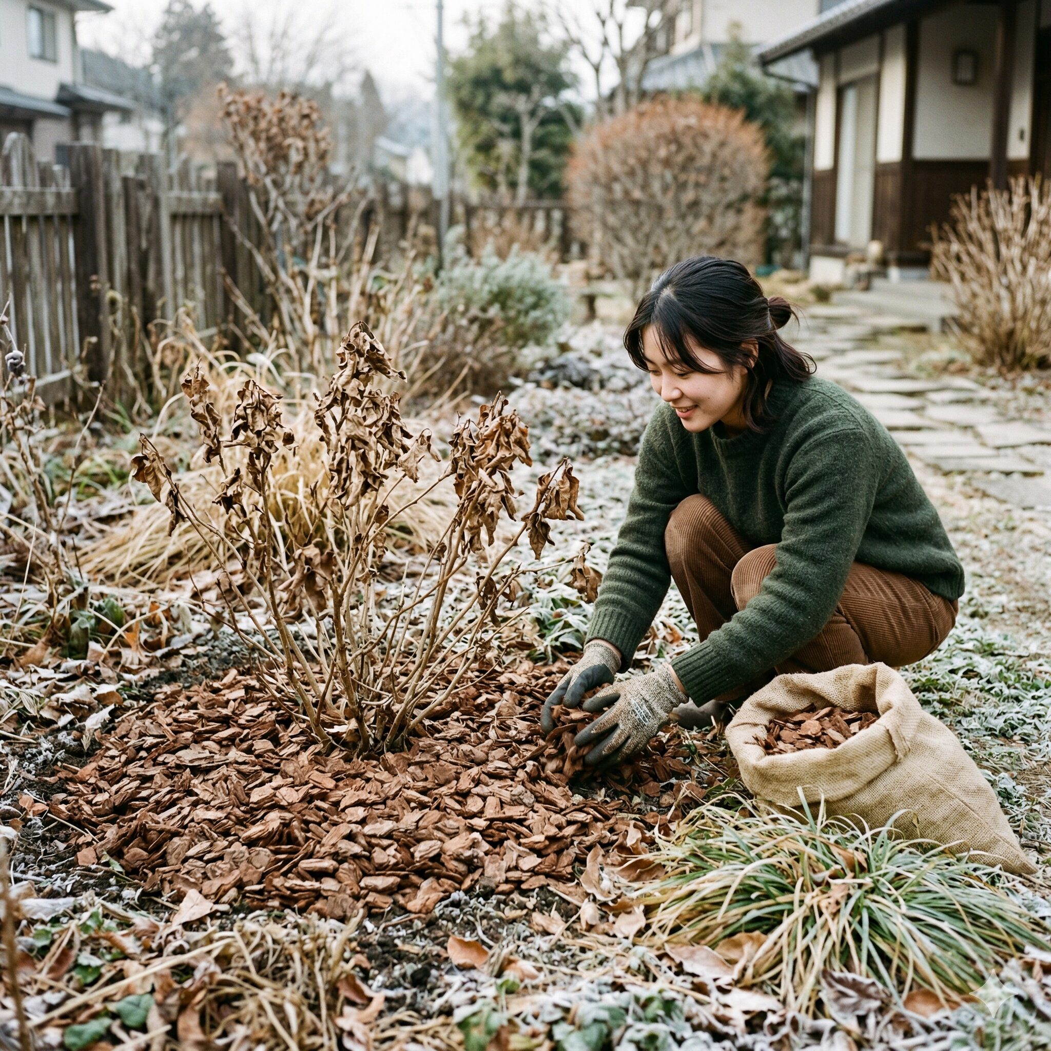 スカビオサ ブルーバルーン9 冬の寒さから守るためにバークチップでマルチングした株元