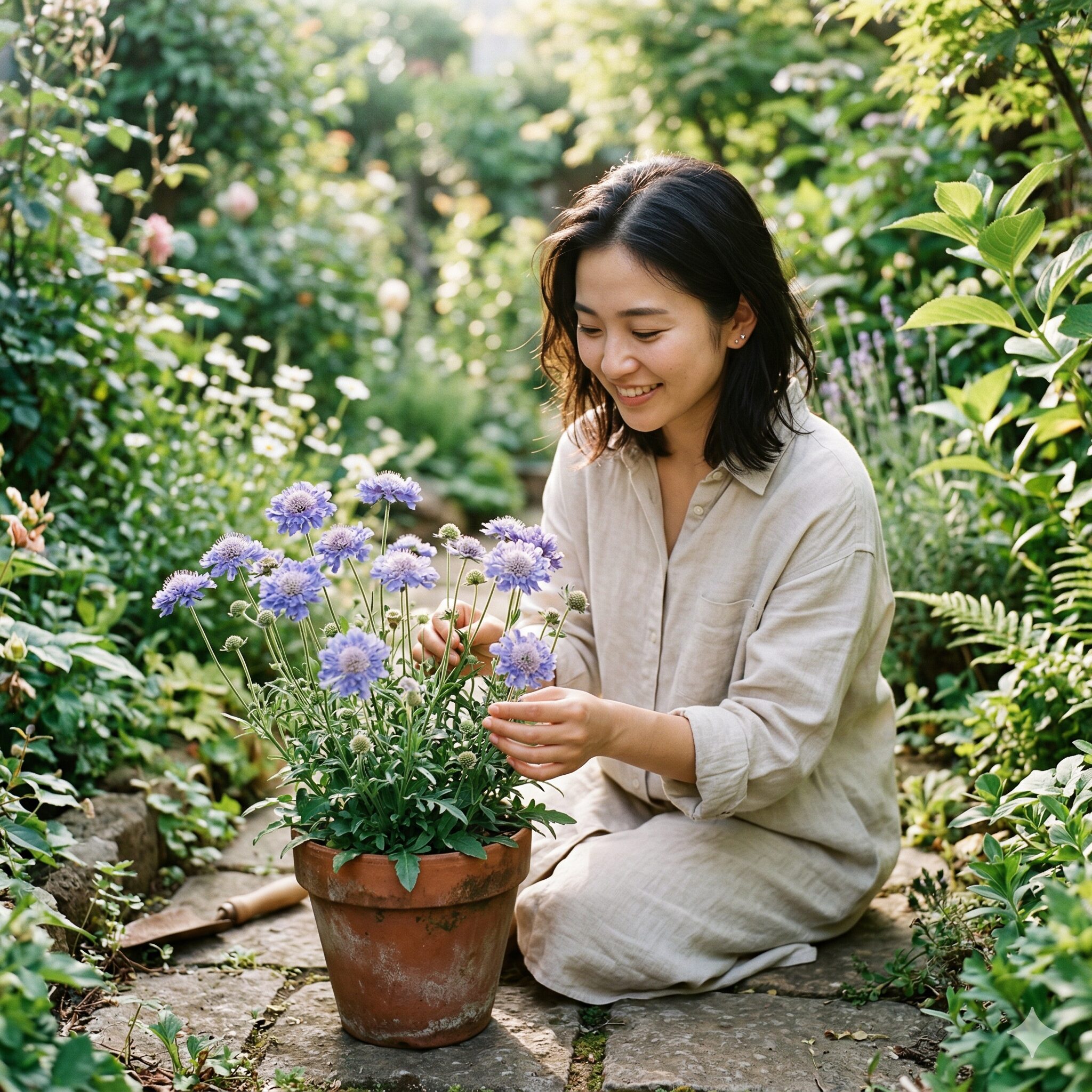 スカビオサ 花 が 終わっ たら1　庭で元気に咲き誇る青紫色のスカビオサの鉢植え