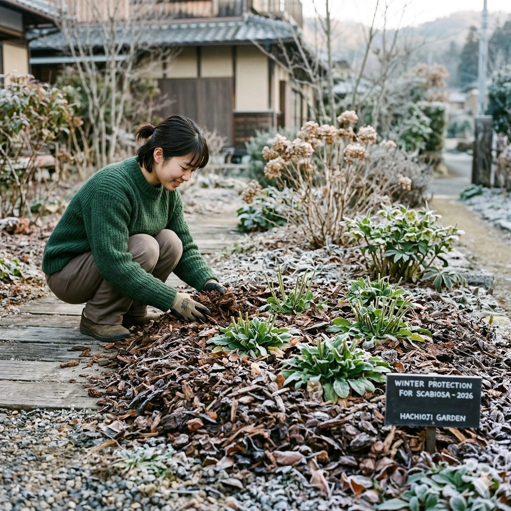 スカビオサ 花 が 終わっ たら10 冬の凍結や乾燥から根を守るために施されたスカビオサのマルチング防寒対策