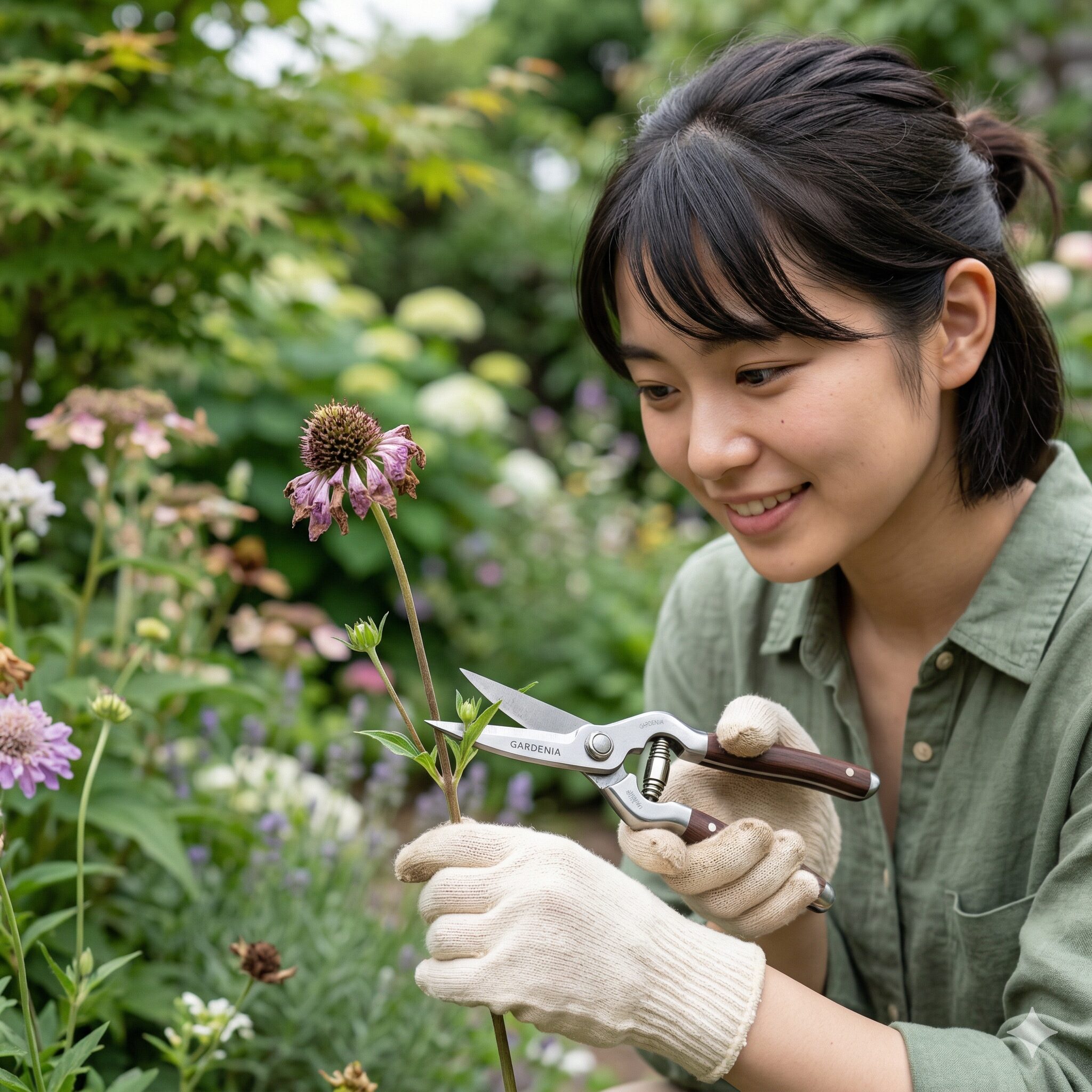 スカビオサ 花 が 終わっ たら3 スカビオサの花がら摘みで茎をカットする正しい位置の解説写真