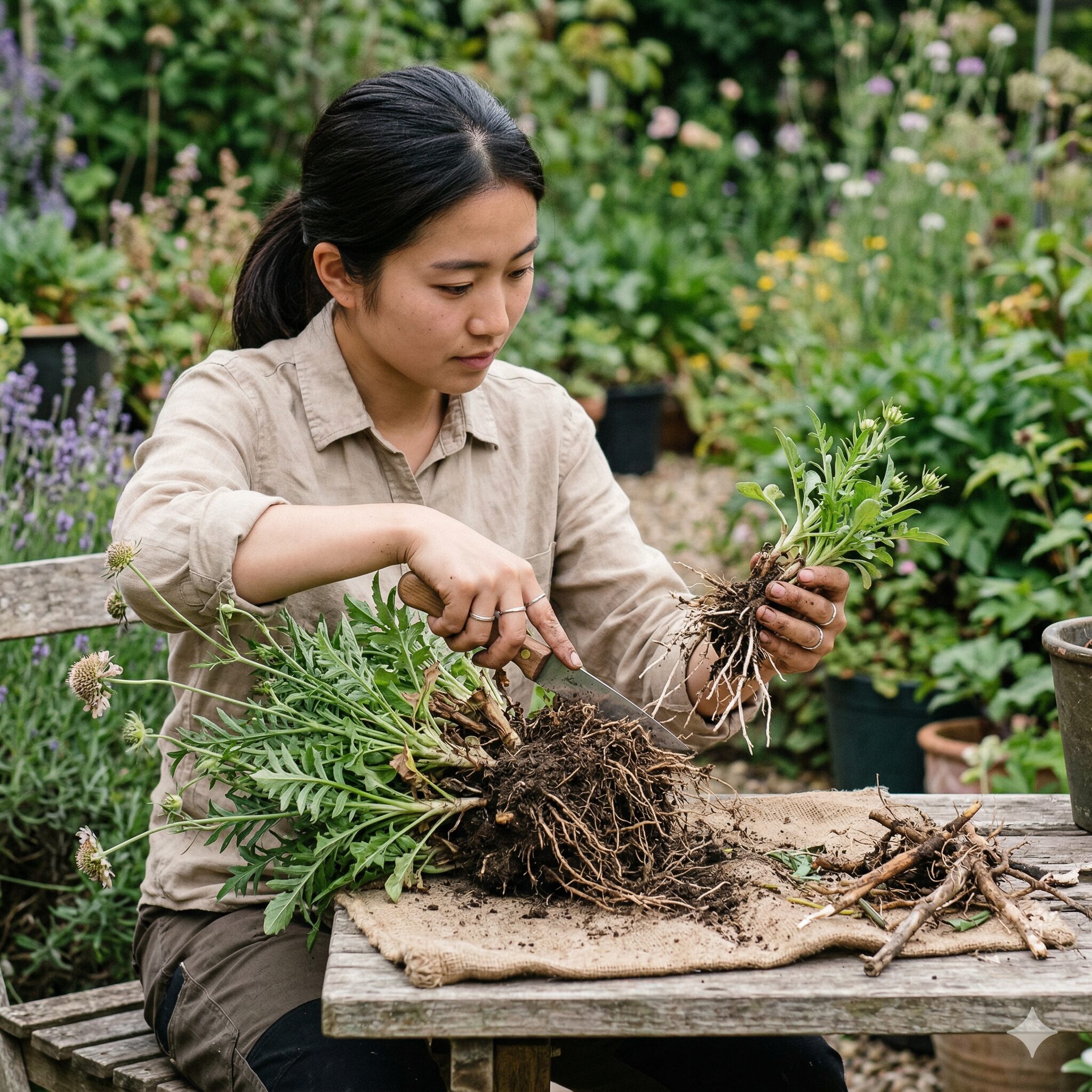 スカビオサ 花 が 終わっ たら8 宿根草スカビオサを若返らせるための春の株分け作業の様子