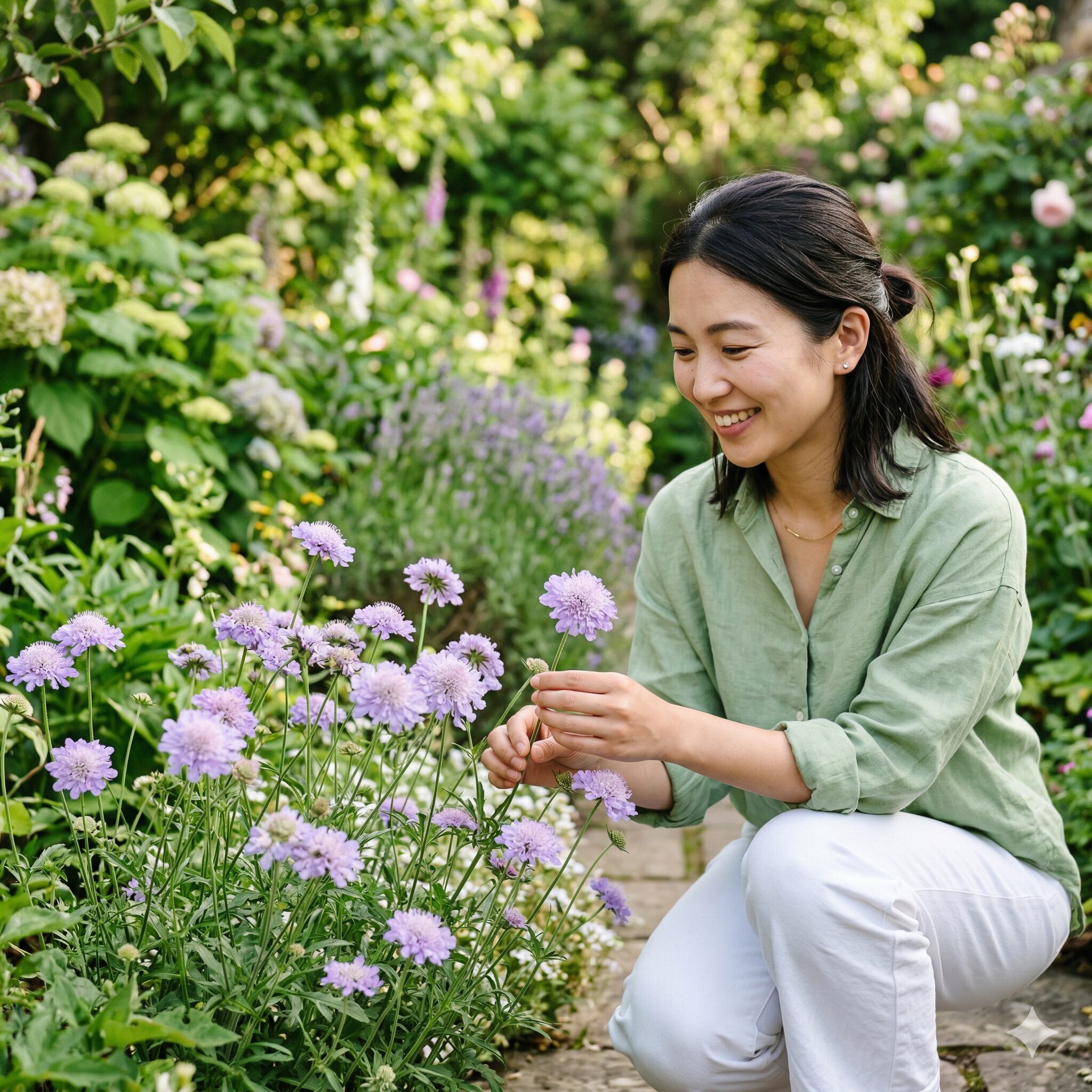 スカビオサ花言葉1　繊細でふんわりとした薄紫色のスカビオサが自然光の中で咲いている様子。