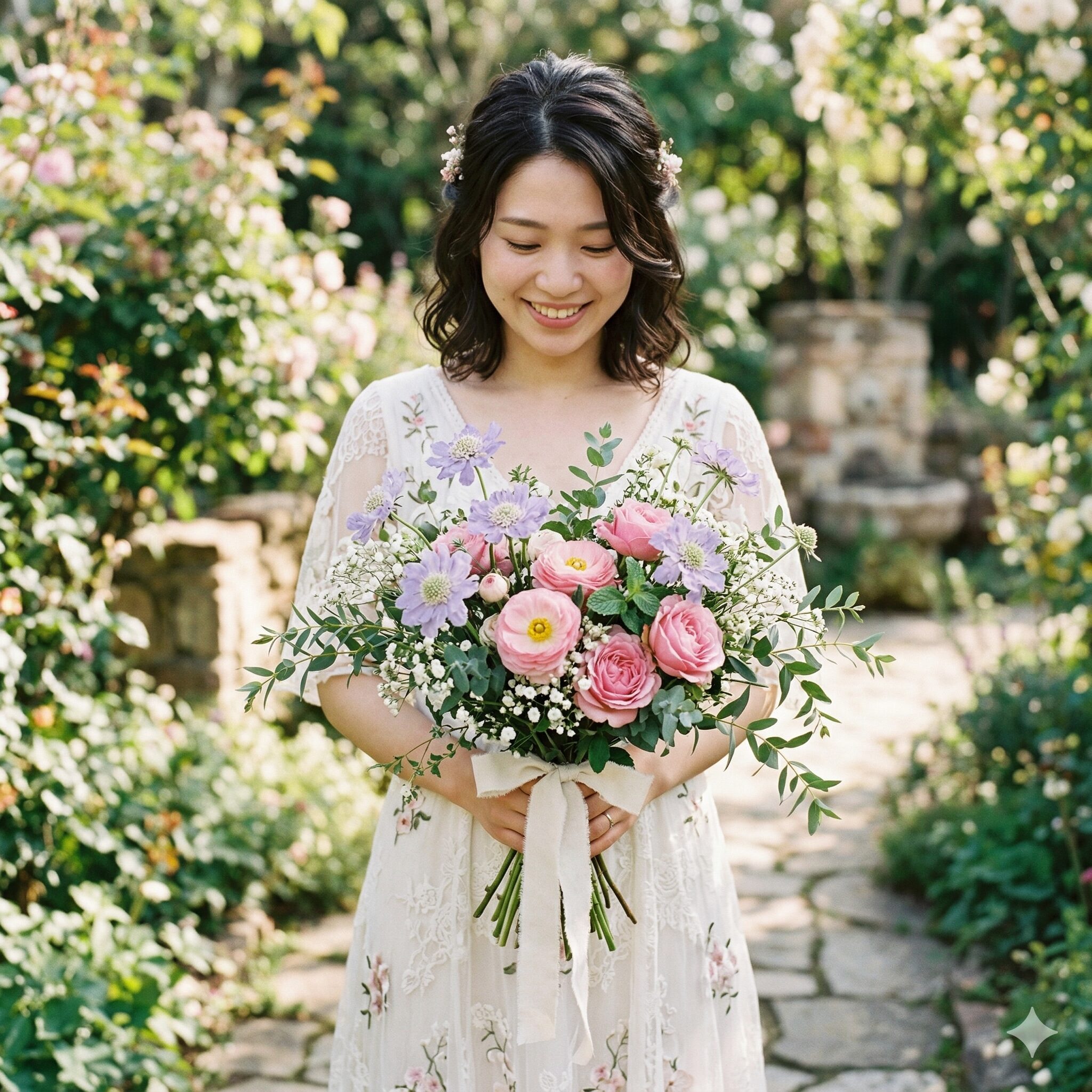 スカビオサ花言葉10 ナチュラルなウェディングブーケ。薄紫色のスカビオサ、幸福のラナンキュラス、感謝のバラがカスミソウやハーブと束ねられている。