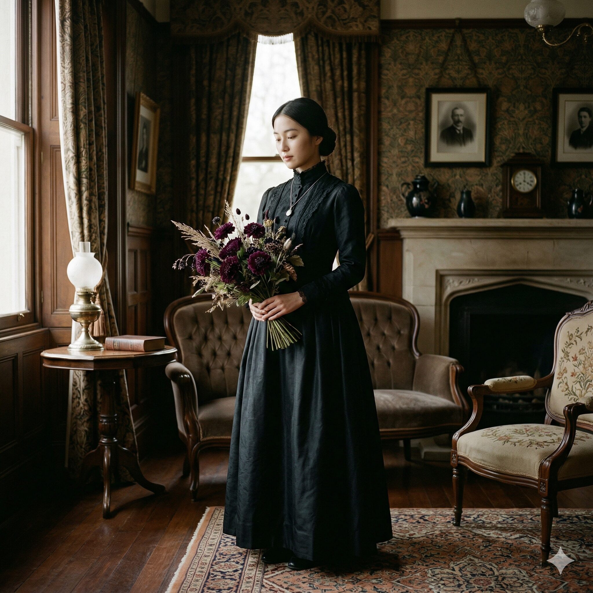 スカビオサ花言葉2 19世紀ヴィクトリア朝様式の喪服の女性が手に持つ、深い紫色のスカビオサ(ブラックナイト)の花束。