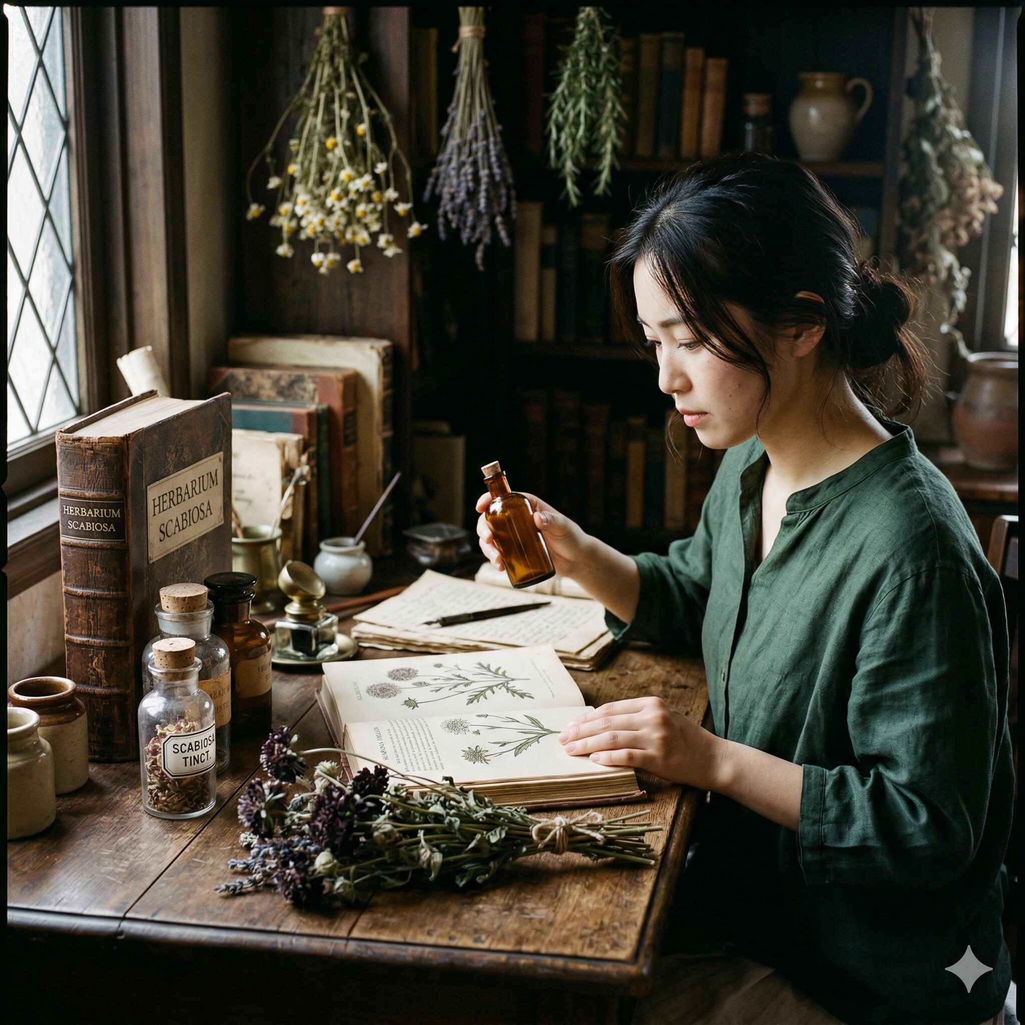 スカビオサ花言葉3 古い植物図譜と疥癬の治療薬として使われていた乾燥スカビオサ(ハーブ)と薬瓶。