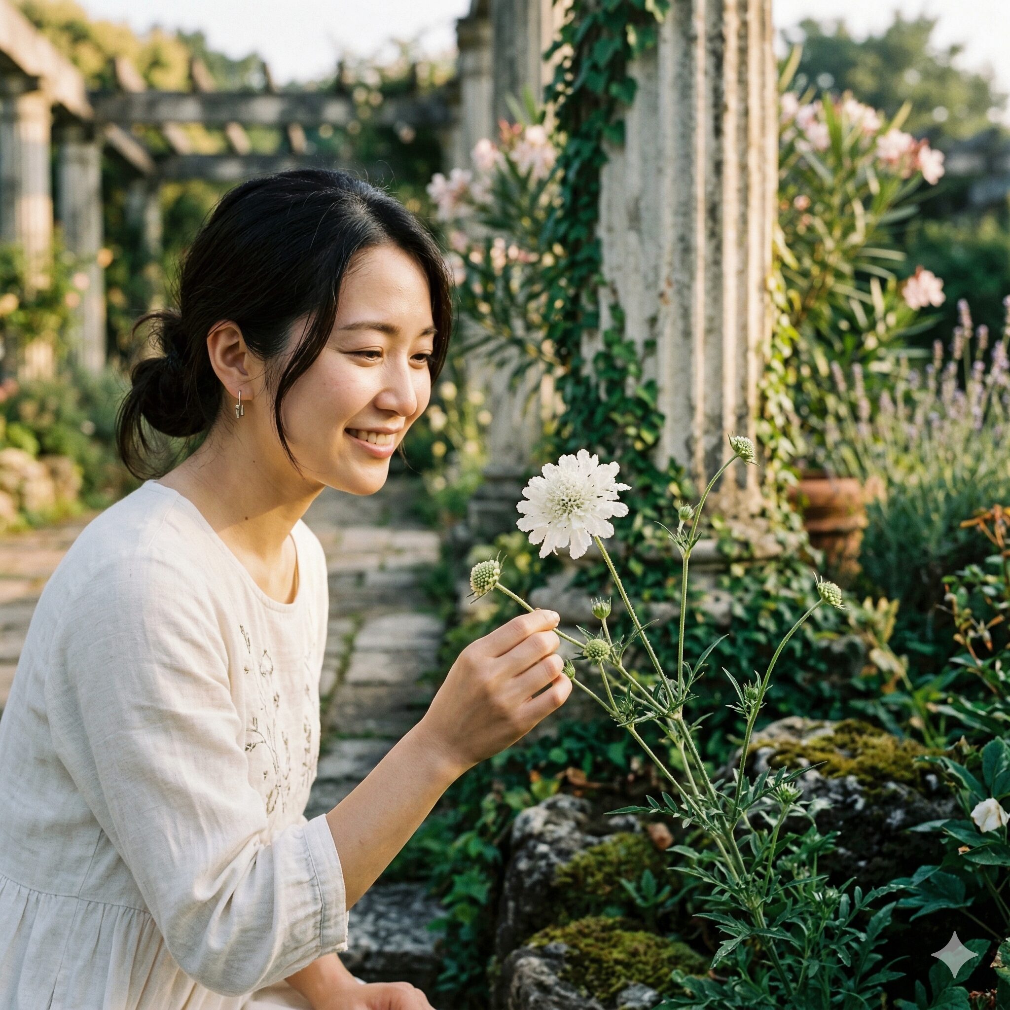 スカビオサ花言葉4 ギリシャ神話のフィチアの涙を象徴する、朝露が光る白いスカビオサの花びら(クローズアップ)。