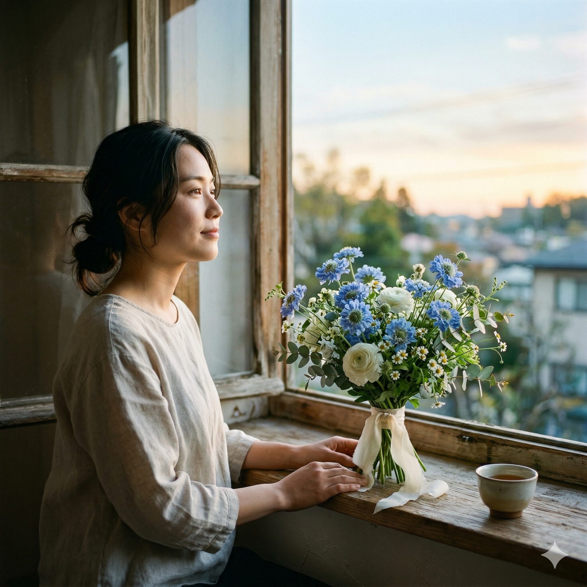 スカビオサ花言葉5 夜明けの優しい光(朝の光)を浴びる、清純な青色のスカビオサ(Morning bride)の窓辺のブーケ。