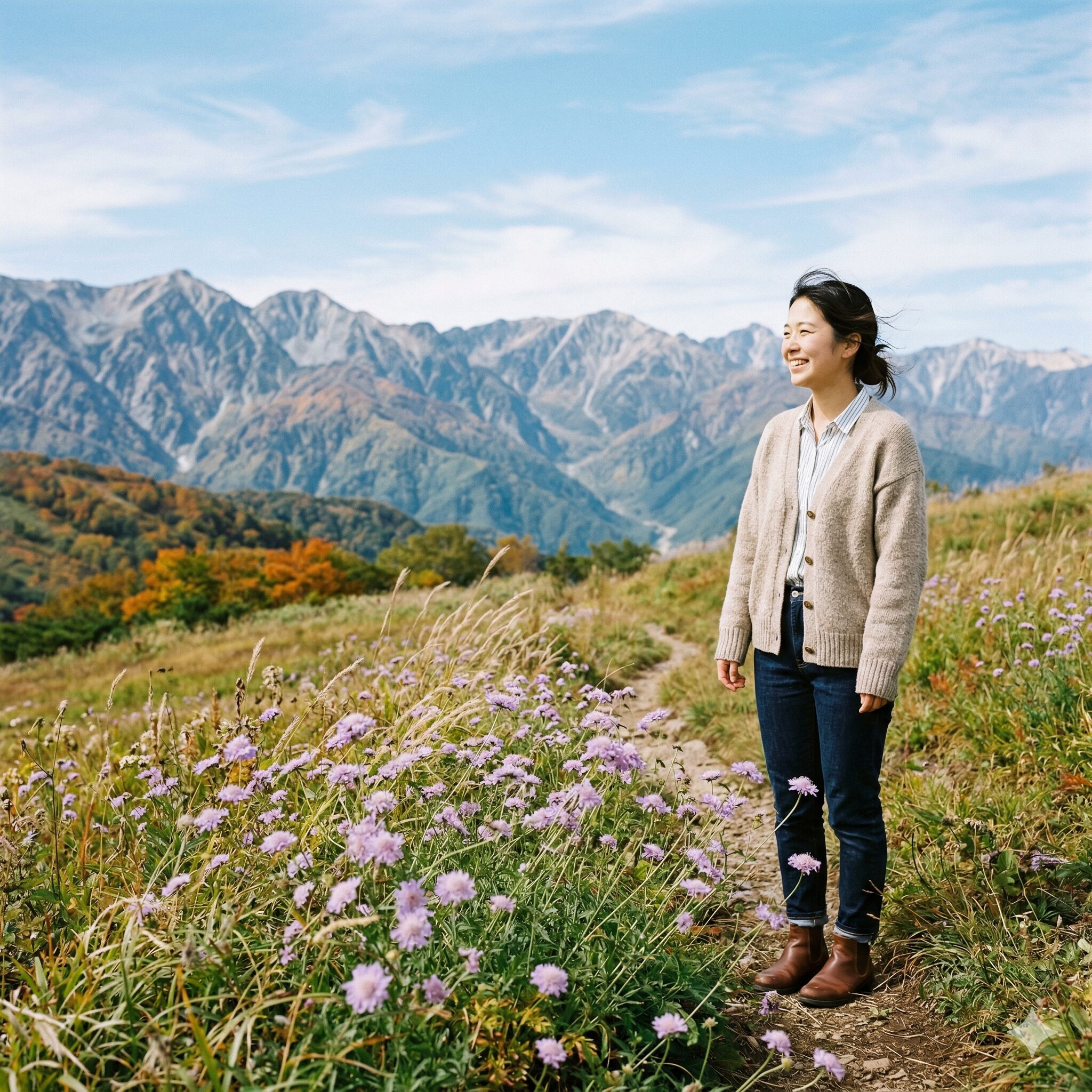 スカビオサ花言葉6 初秋の信州高原で澄んだ空気の中、風にそよぐ野生のマツムシソウ(薄紫色)。