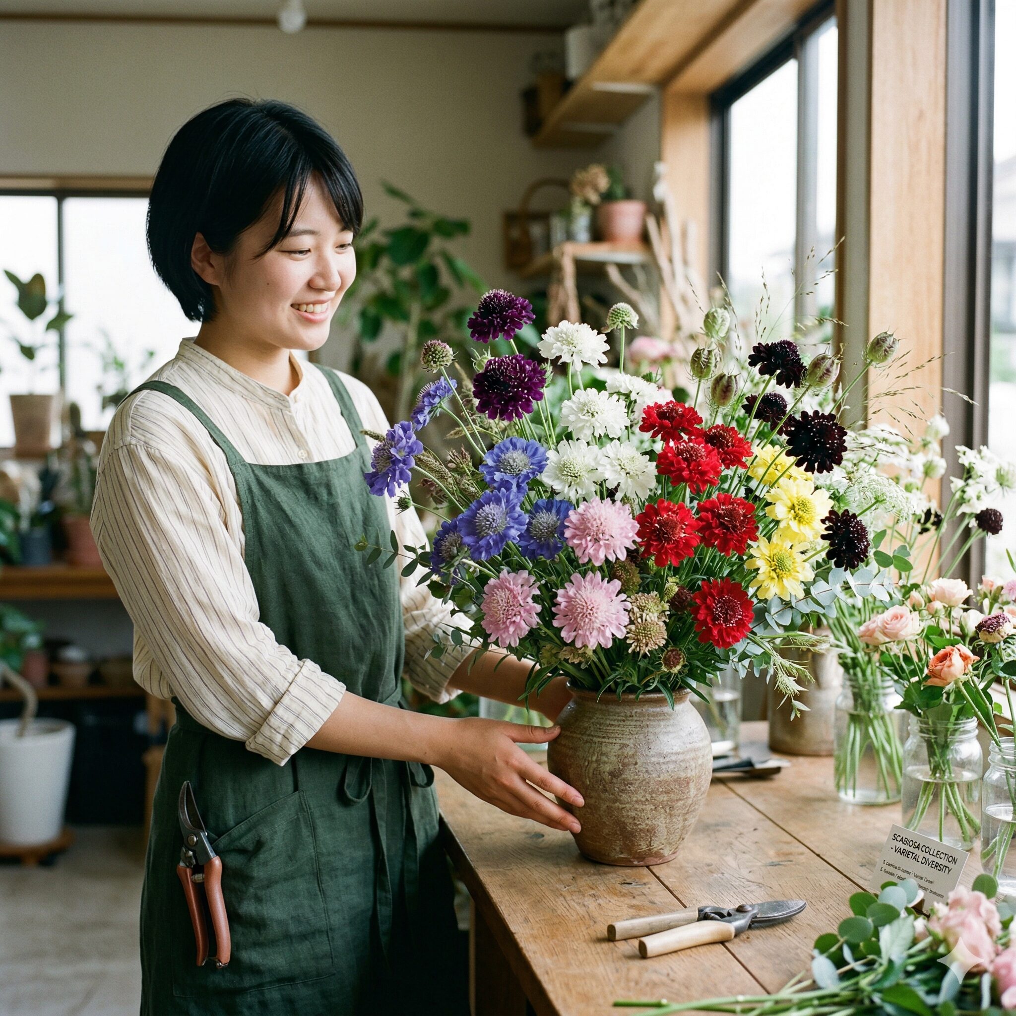 スカビオサ花言葉7 紫、青、白、ピンク、赤、黄、黒など多彩な色のスカビオサを集めた、スタイリッシュなフラワーアレンジメント。