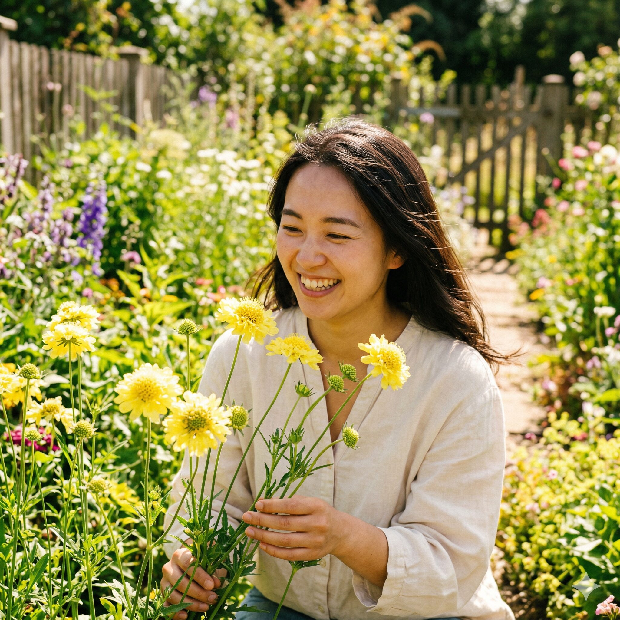 スカビオサ花言葉8 太陽の光を浴びて元気に咲く、鮮やかな黄色のスカビオサ(再起を象徴)。