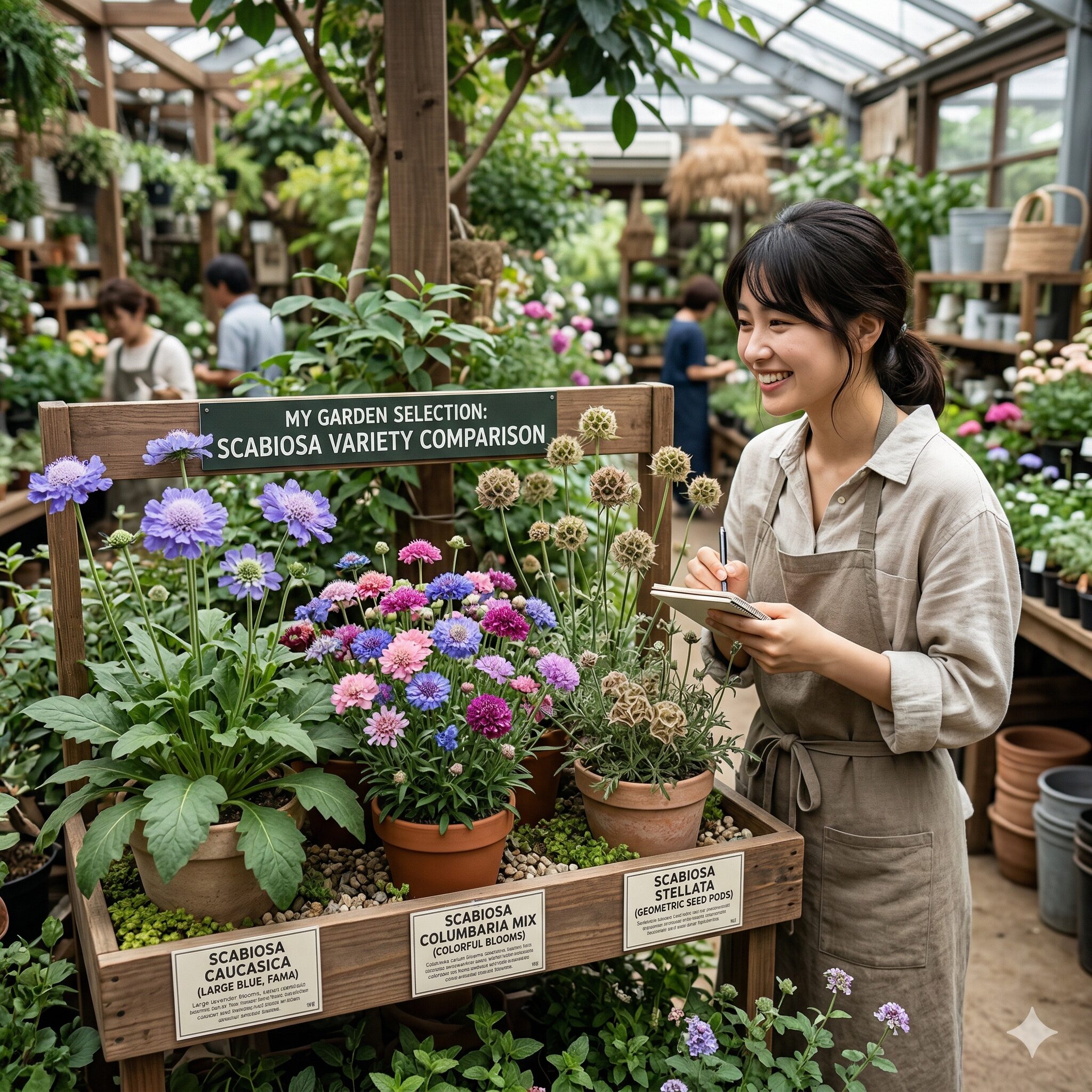 スカビオサ花言葉9 大輪のコーカサスマツムシソウ(ファマ)、多彩なセイヨウマツムシソウ、幾何学的なスカビオサ・ステラータの種頭の比較。