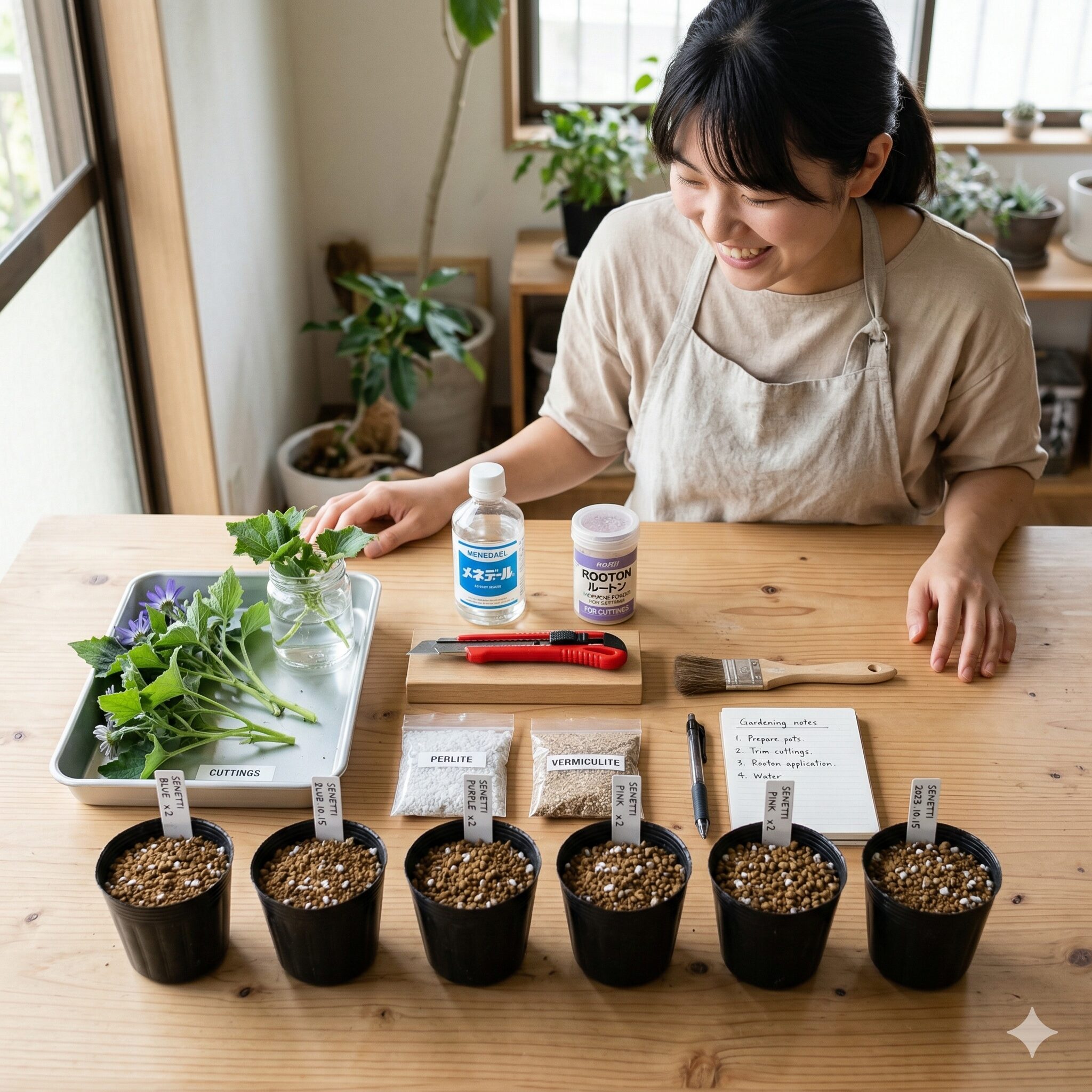 セネッティ 挿し木10 セネッティの挿し木作業に必要な道具一式(カッター、活力剤、発根促進剤、用土)のフラットレイ写真