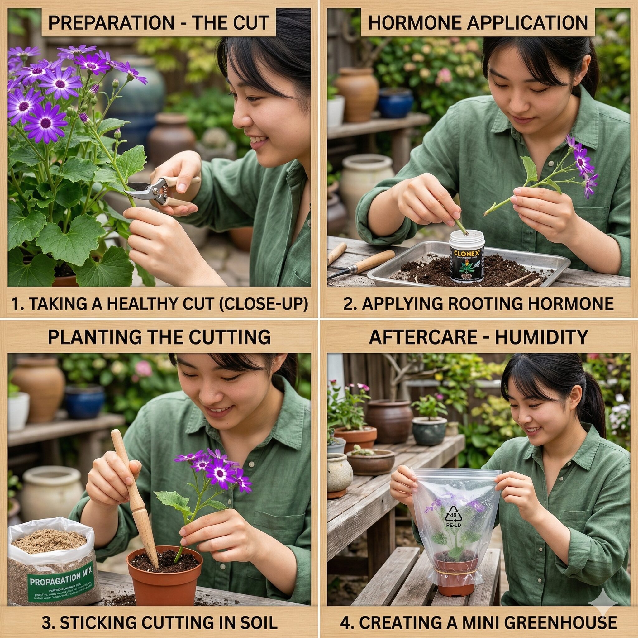 セネッティ 挿し木2 セネッティの挿し木プロセス(カット・促進剤・用土・管理)の主要4ステップのコラージュ画像