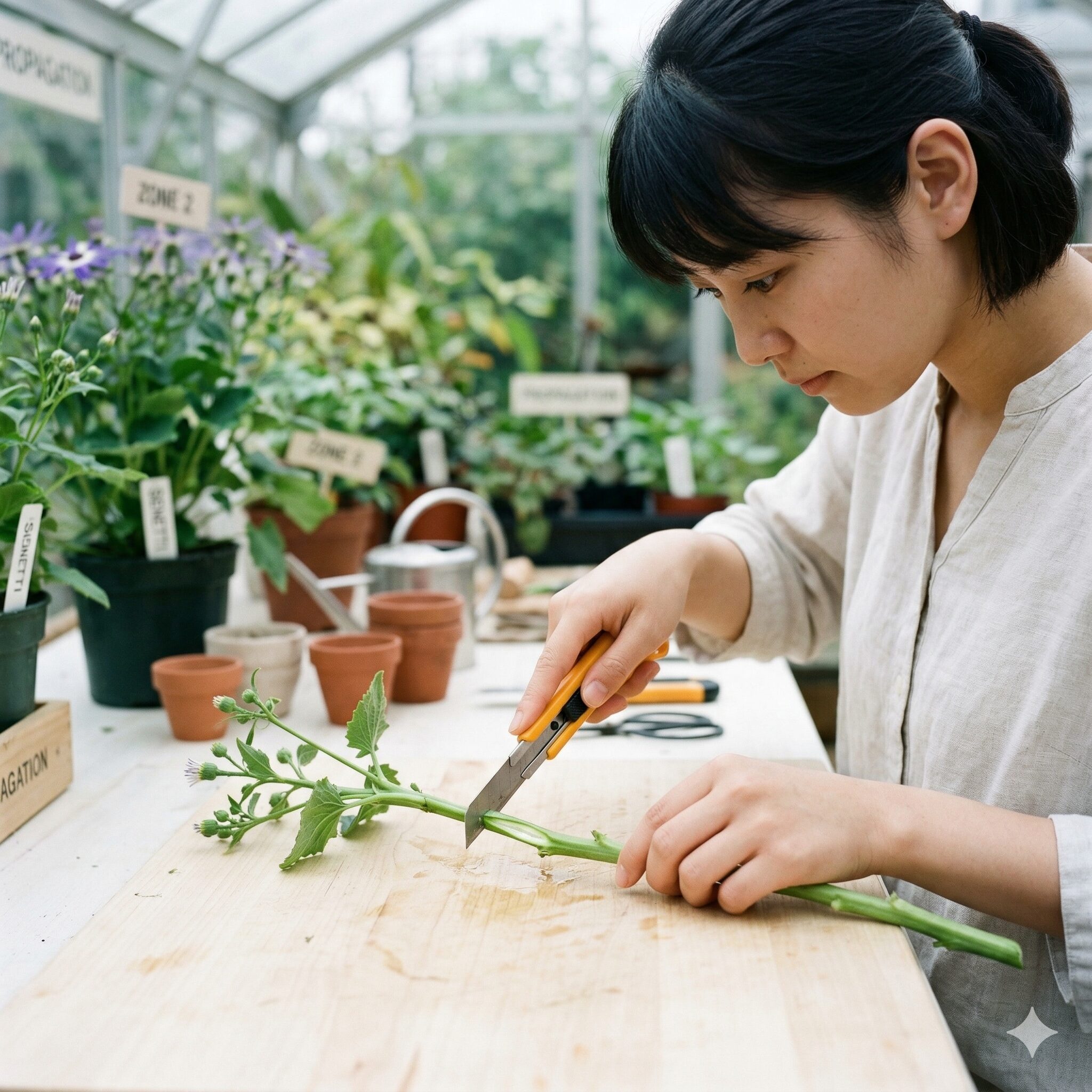 セネッティ 挿し木3 セネッティの茎を鋭利なカッターで斜め45度にカットする正しい挿し木のやり方