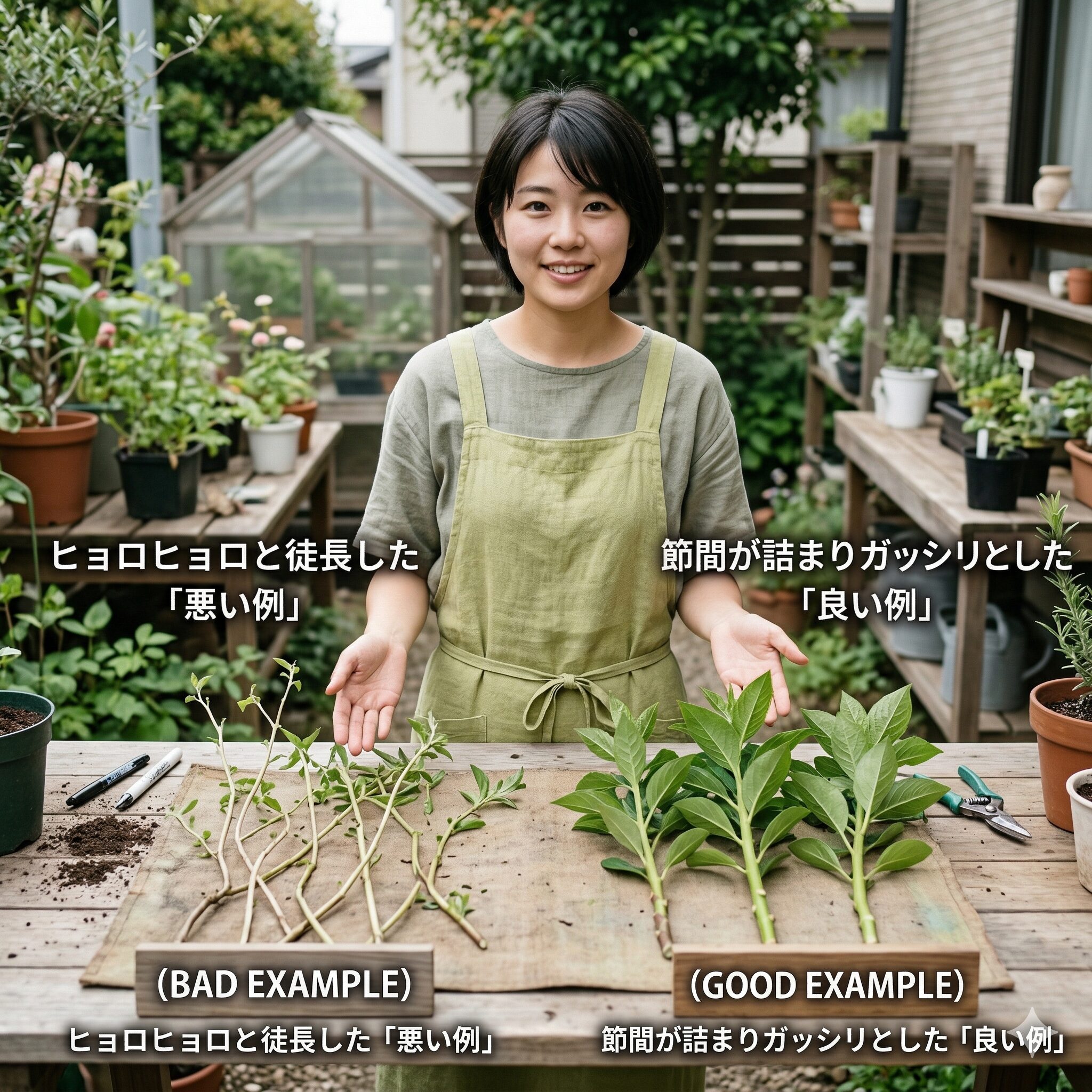 セネッティ 挿し木5 セネッティの挿し木における「徒長した悪い枝」と「節間が詰まった良い枝」の比較