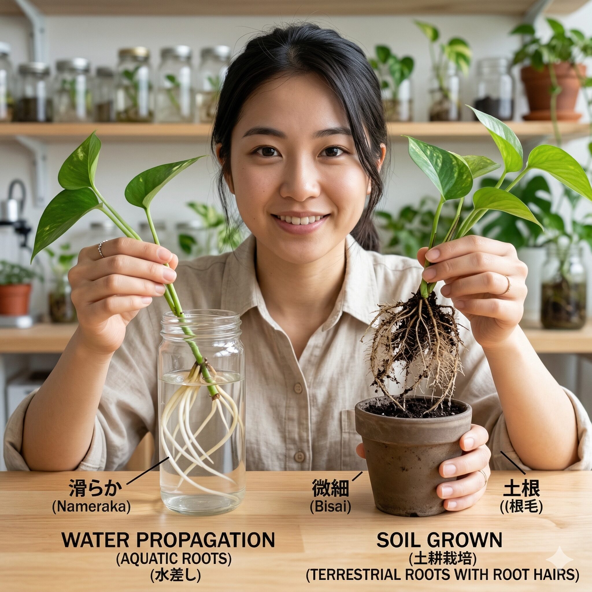 セネッティ 挿し木6 水差しで出た滑らかな根と、土の中で育った根毛が豊富な根の違いを示す比較写真
