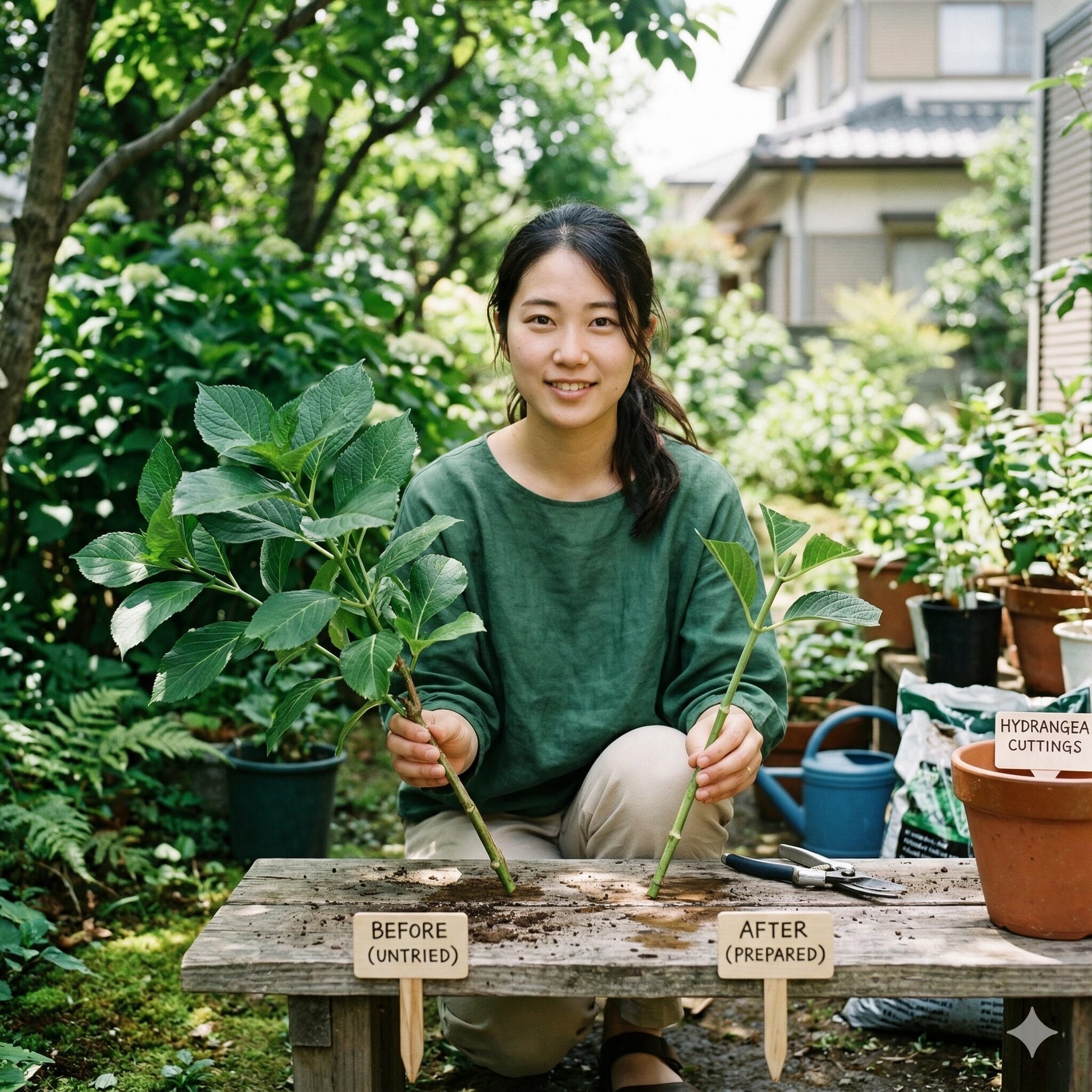 セネッティ 挿し木7 蒸散を防ぐために葉を半分にカットしたセネッティの挿し穂の調整ビフォーアフター