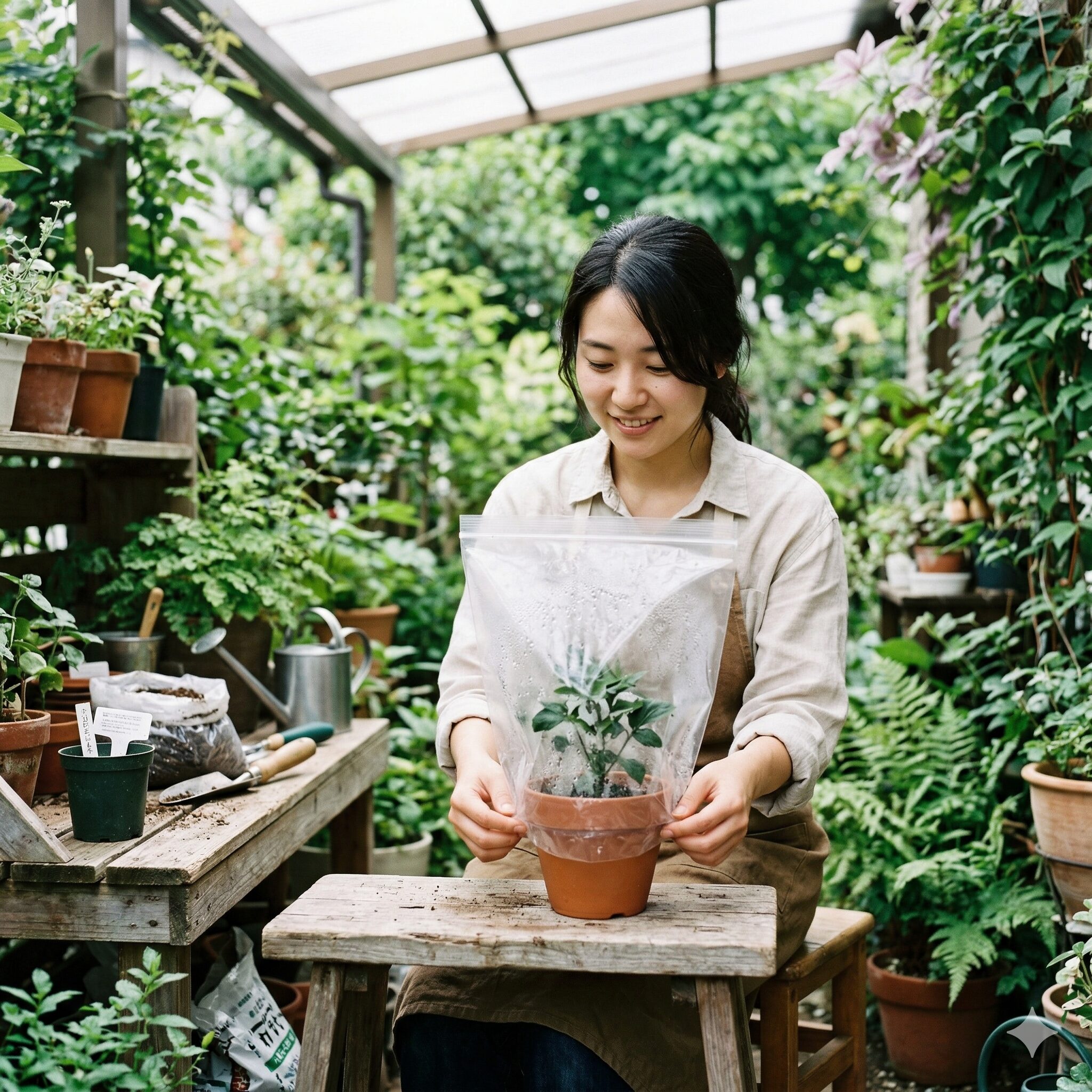 セネッティ 挿し木9 湿度を保つためにビニール袋で覆ったセネッティの挿し木(密閉挿し)の管理状況