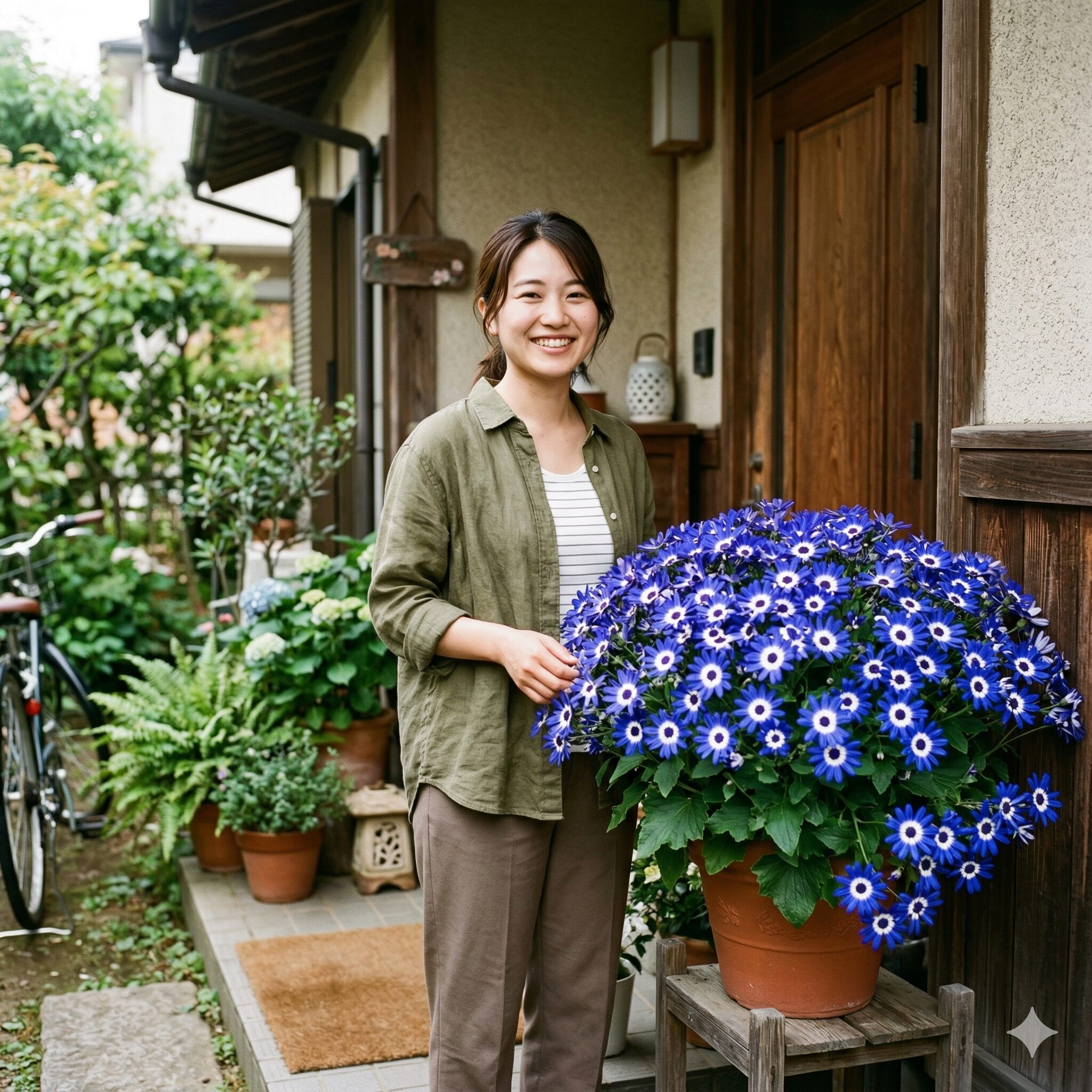 セネッティ 日陰1　日陰の玄関先で鮮やかに咲き誇るセネッティの鉢植え